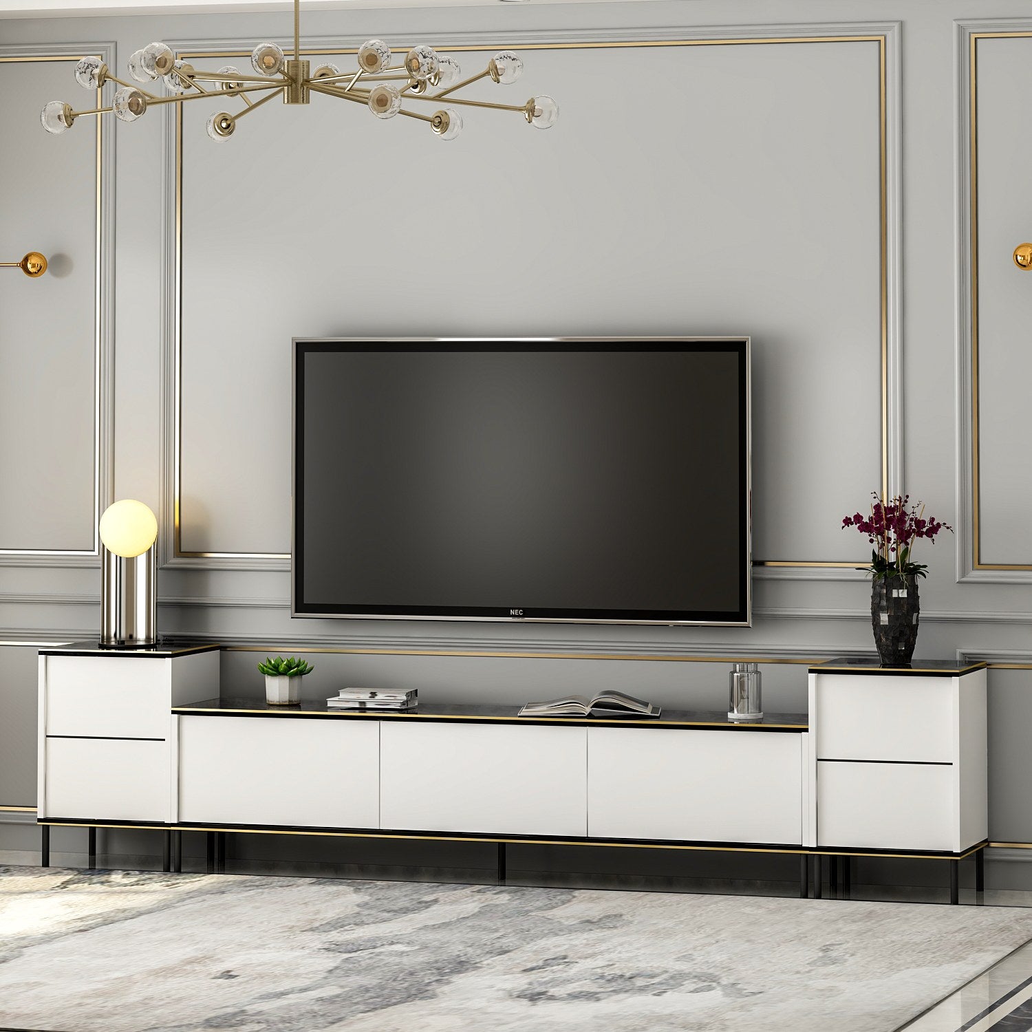 Móvel de TV elegante com mesas de cabeceira (3 peças), branco e preto com detalhes dourados | 100% revestido em melamina, 18 mm de espessura | Prateleiras espaçosas, design moderno para sala de estar