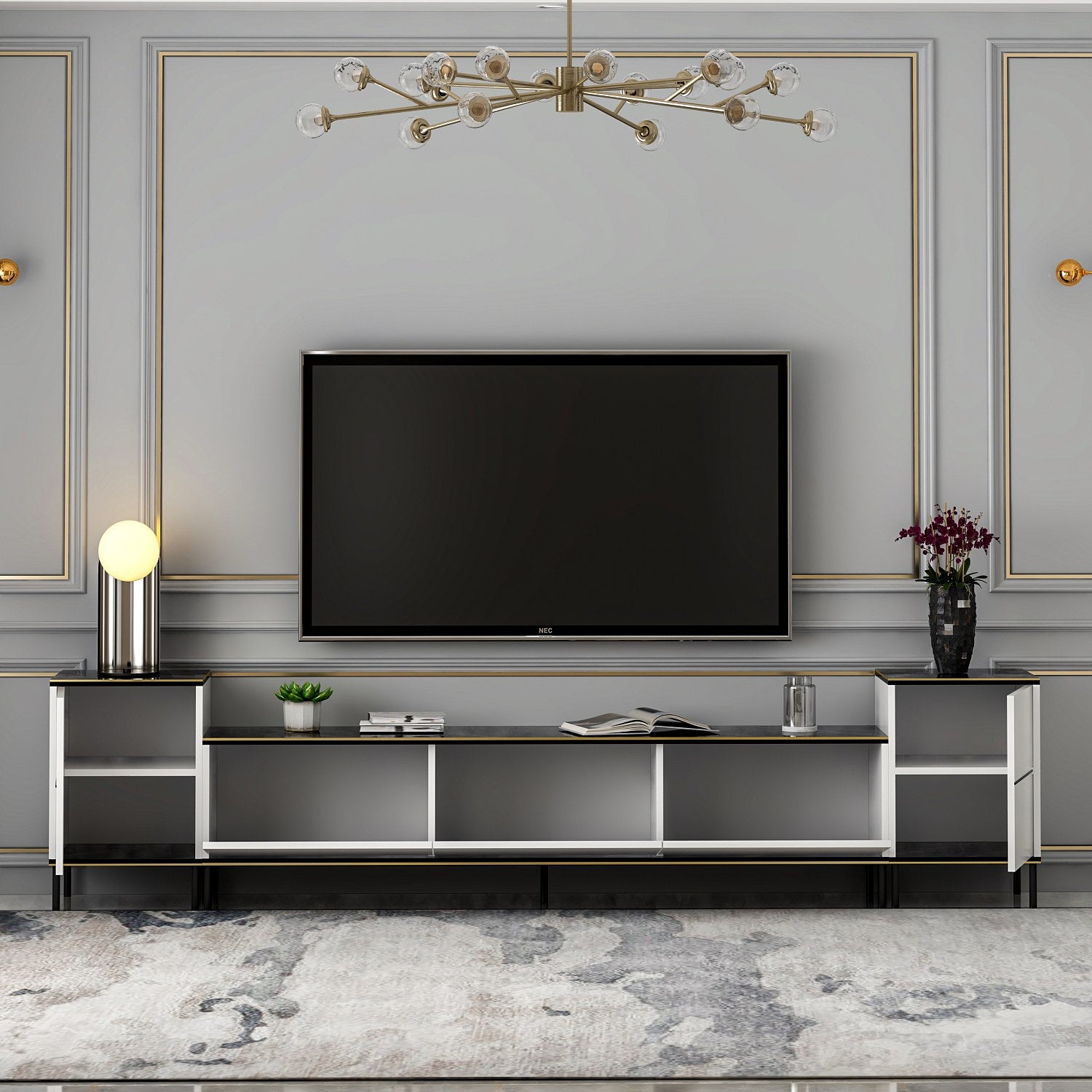 Móvel de TV elegante com mesas de cabeceira (3 peças), branco e preto com detalhes dourados | 100% revestido em melamina, 18 mm de espessura | Prateleiras espaçosas, design moderno para sala de estar