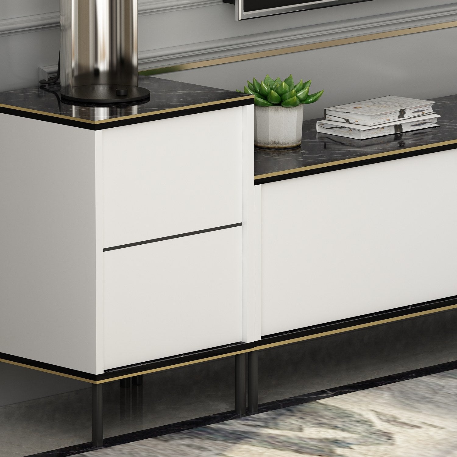 Móvel de TV elegante com mesas de cabeceira (3 peças), branco e preto com detalhes dourados | 100% revestido em melamina, 18 mm de espessura | Prateleiras espaçosas, design moderno para sala de estar