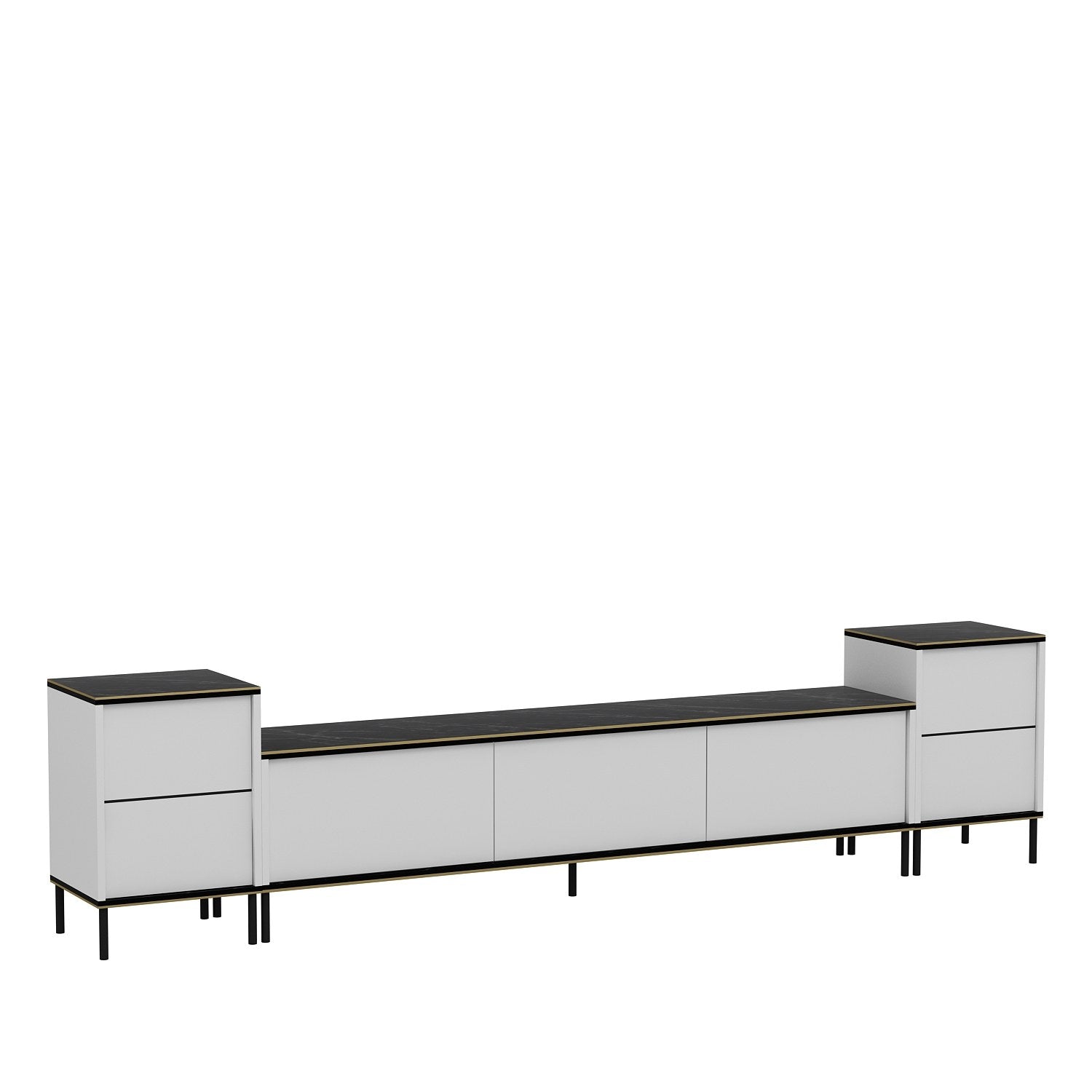 Móvel de TV elegante com mesas de cabeceira (3 peças), branco e preto com detalhes dourados | 100% revestido em melamina, 18 mm de espessura | Prateleiras espaçosas, design moderno para sala de estar