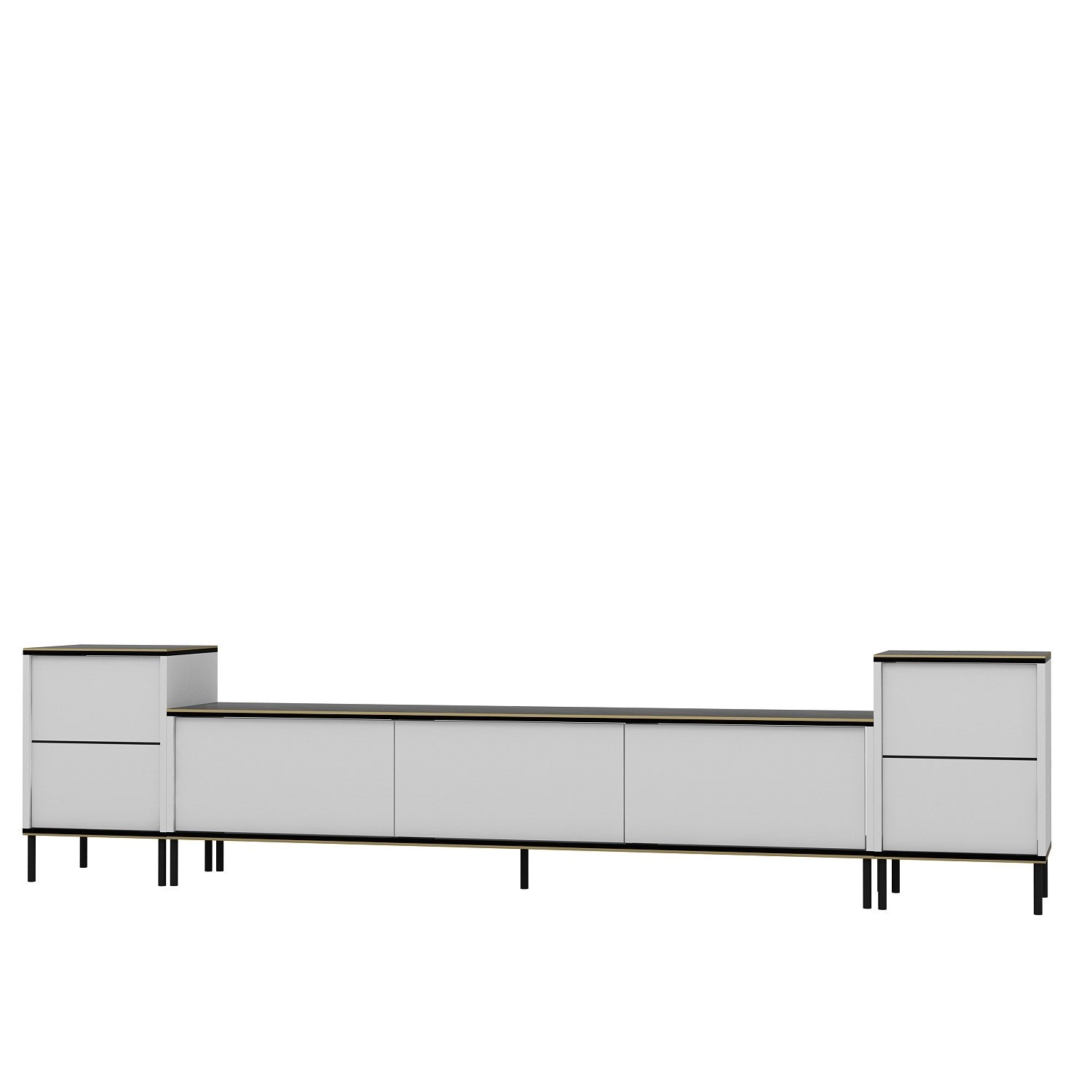 Móvel de TV elegante com mesas de cabeceira (3 peças), branco e preto com detalhes dourados | 100% revestido em melamina, 18 mm de espessura | Prateleiras espaçosas, design moderno para sala de estar