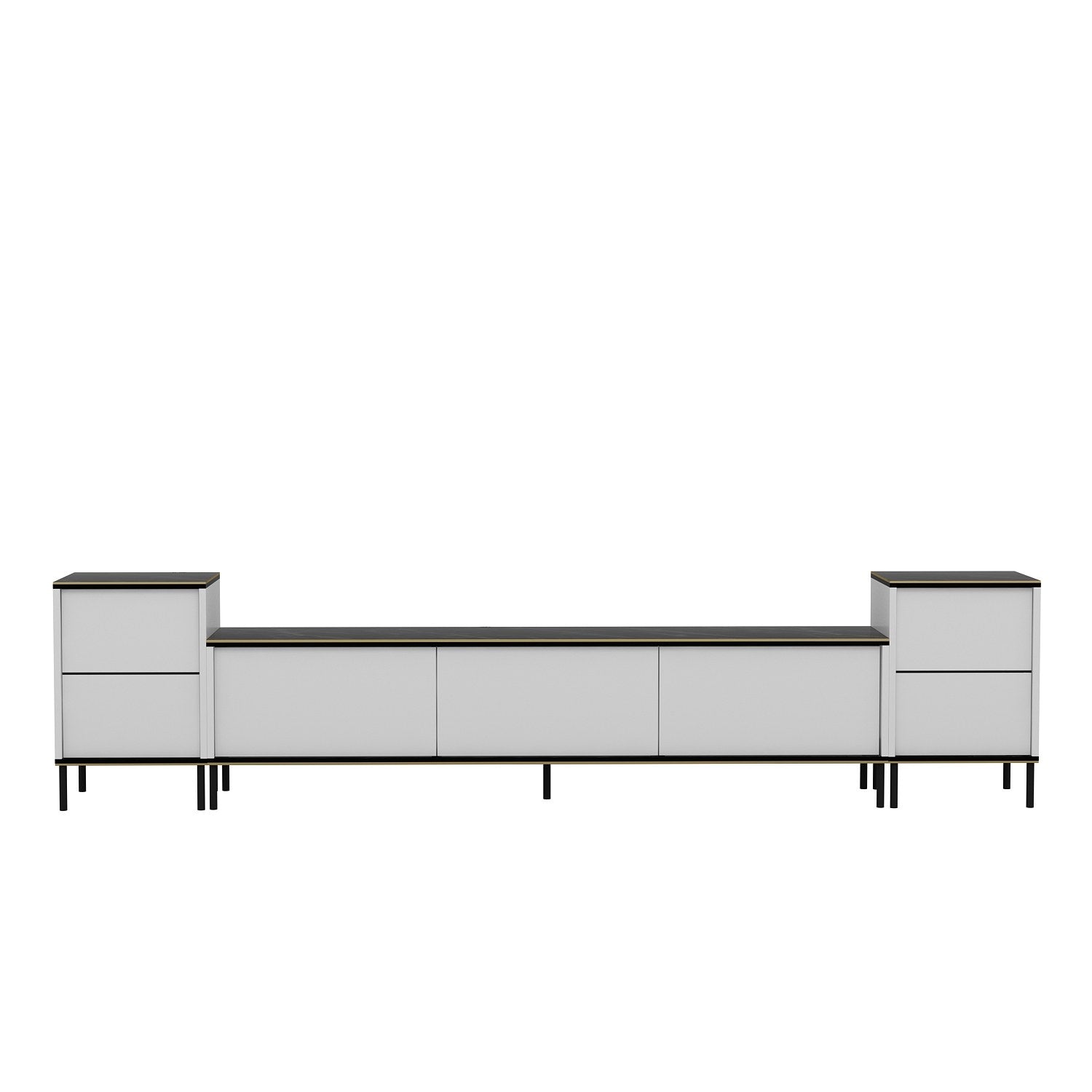 Móvel de TV elegante com mesas de cabeceira (3 peças), branco e preto com detalhes dourados | 100% revestido em melamina, 18 mm de espessura | Prateleiras espaçosas, design moderno para sala de estar