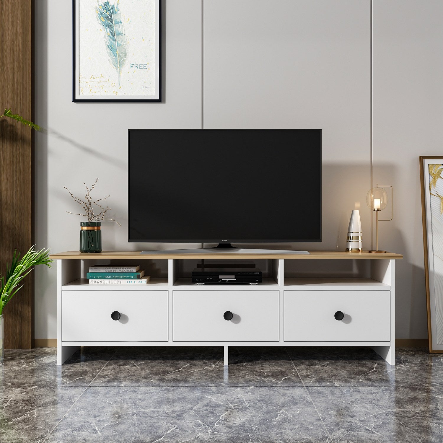 Móvel de TV – 150 cm x 47 cm x 36 cm – Branco e Safira – Painéis de partículas revestidos a melamina