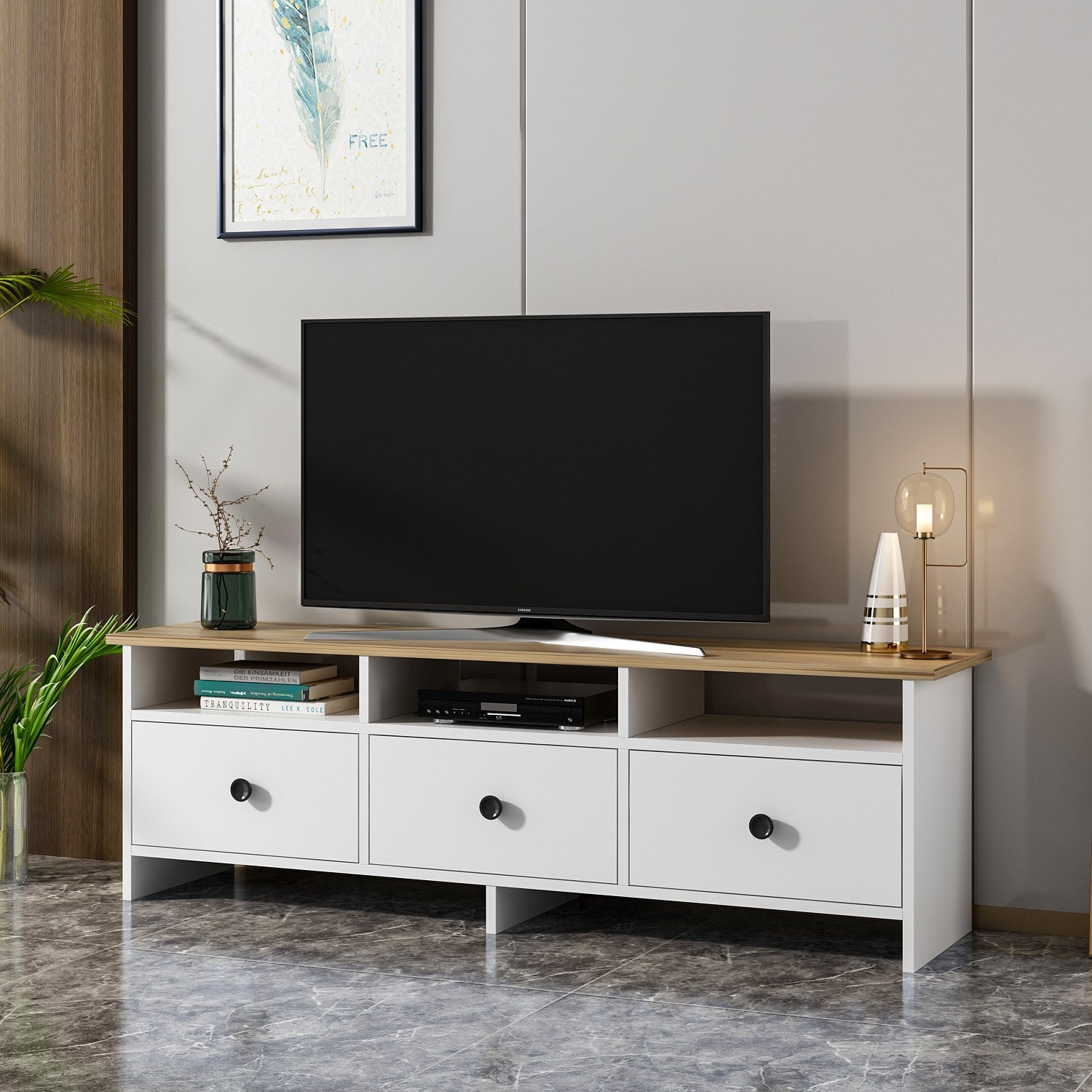 Móvel de TV – 150 cm x 47 cm x 36 cm – Branco e Safira – Painéis de partículas revestidos a melamina