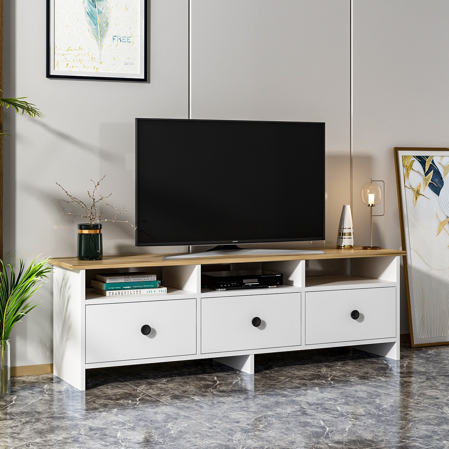 Móvel de TV – 150 cm x 47 cm x 36 cm – Branco e Safira – Painéis de partículas revestidos a melamina