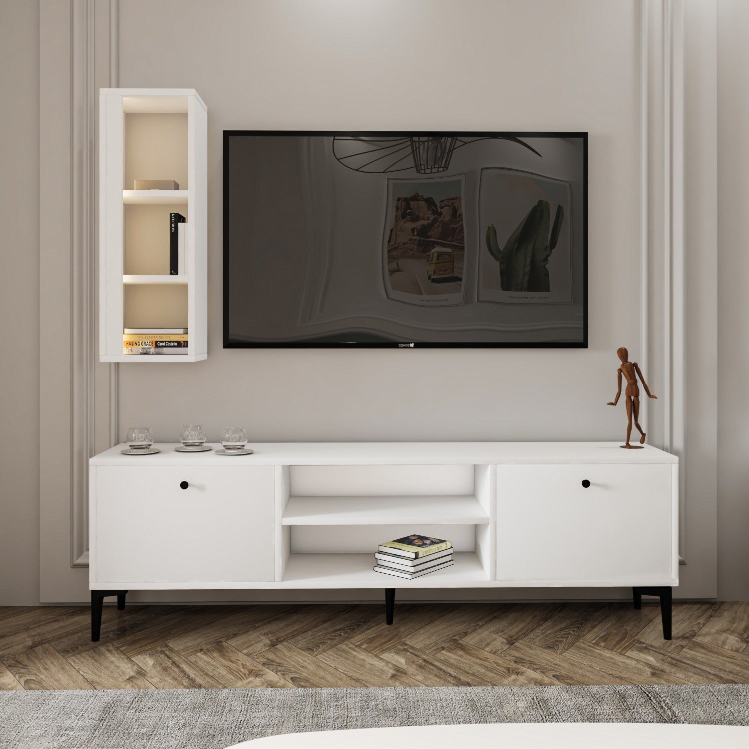 Móvel de TV – 150 cm x 48 cm x 29,6 cm – Branco – Painel de partículas revestido a melamina