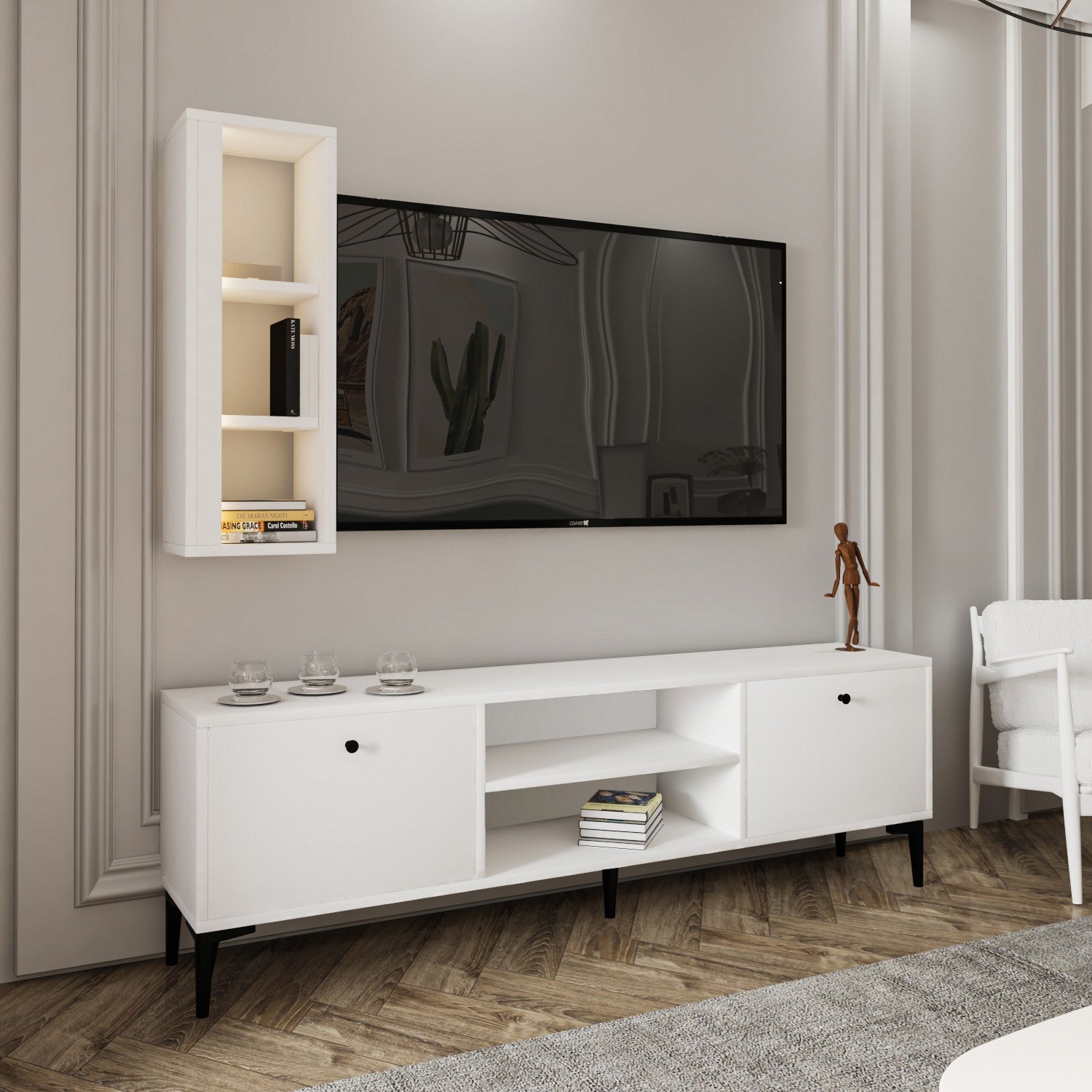 Móvel de TV – 150 cm x 48 cm x 29,6 cm – Branco – Painel de partículas revestido a melamina