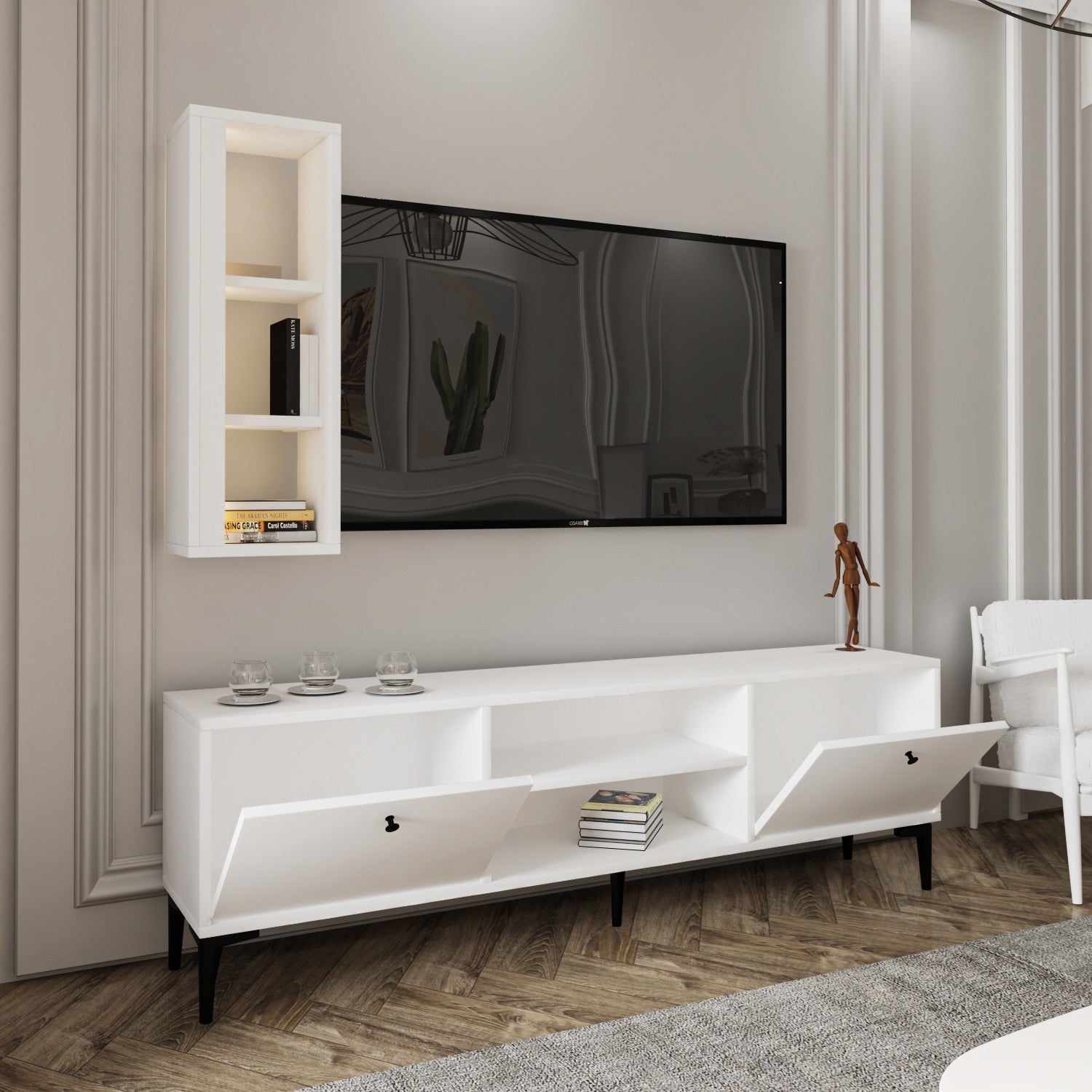 Móvel de TV – 150 cm x 48 cm x 29,6 cm – Branco – Painel de partículas revestido a melamina