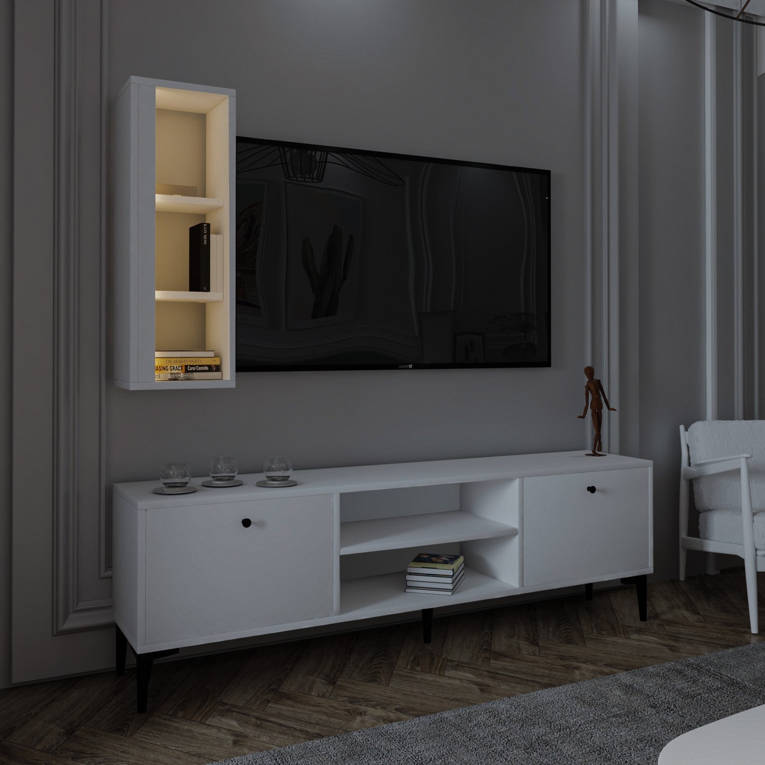 Móvel de TV – 150 cm x 48 cm x 29,6 cm – Branco – Painel de partículas revestido a melamina