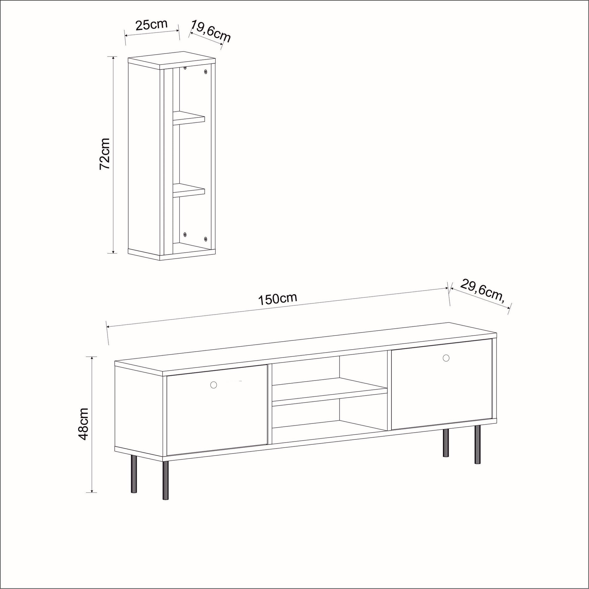Móvel de TV – 150 cm x 48 cm x 29,6 cm – Branco – Painel de partículas revestido a melamina
