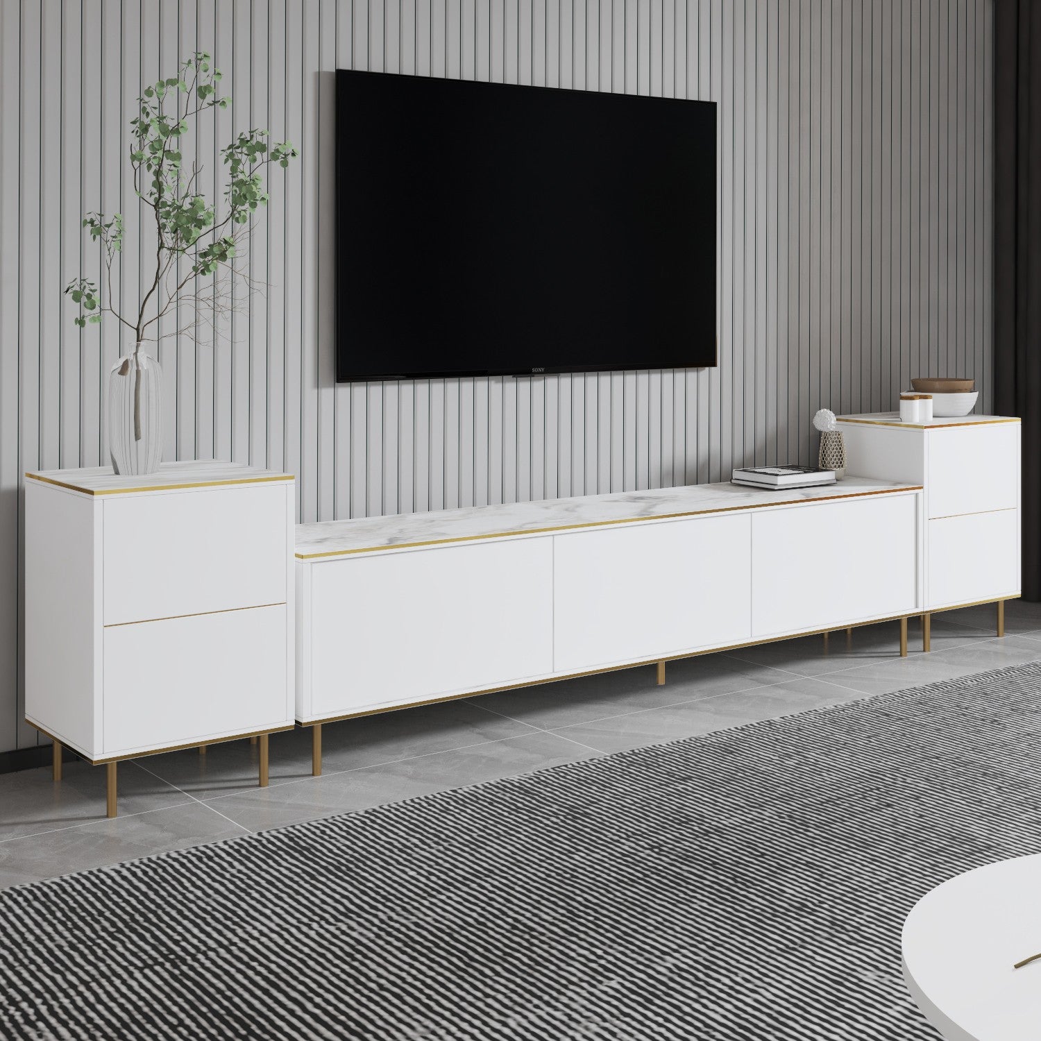 Móvel de TV elegante com opção de montagem na parede, mármore branco e dourado, 180 cm x 45,2 cm x 35 cm | 100% revestido em melamina, 18 mm de espessura | Solução de armazenamento elegante