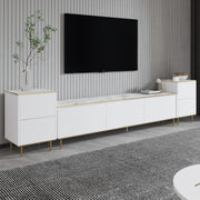 Móvel de TV elegante com opção de montagem na parede, mármore branco e dourado, 180 cm x 45,2 cm x 35 cm | 100% revestido em melamina, 18 mm de espessura | Solução de armazenamento elegante