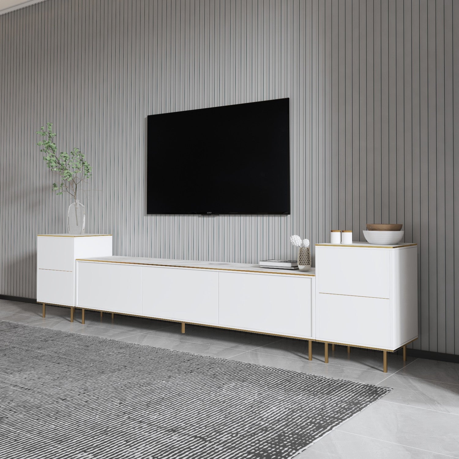 Móvel de TV elegante com opção de montagem na parede, mármore branco e dourado, 180 cm x 45,2 cm x 35 cm | 100% revestido em melamina, 18 mm de espessura | Solução de armazenamento elegante