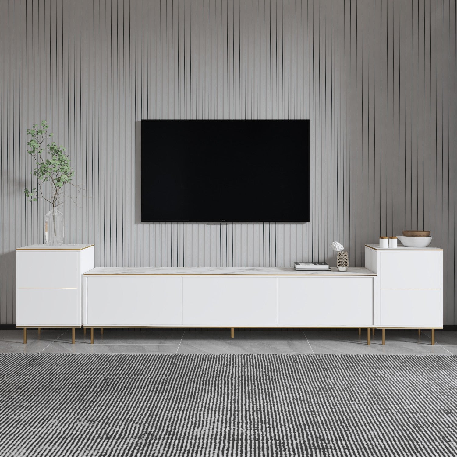 Móvel de TV elegante com opção de montagem na parede, mármore branco e dourado, 180 cm x 45,2 cm x 35 cm | 100% revestido em melamina, 18 mm de espessura | Solução de armazenamento elegante