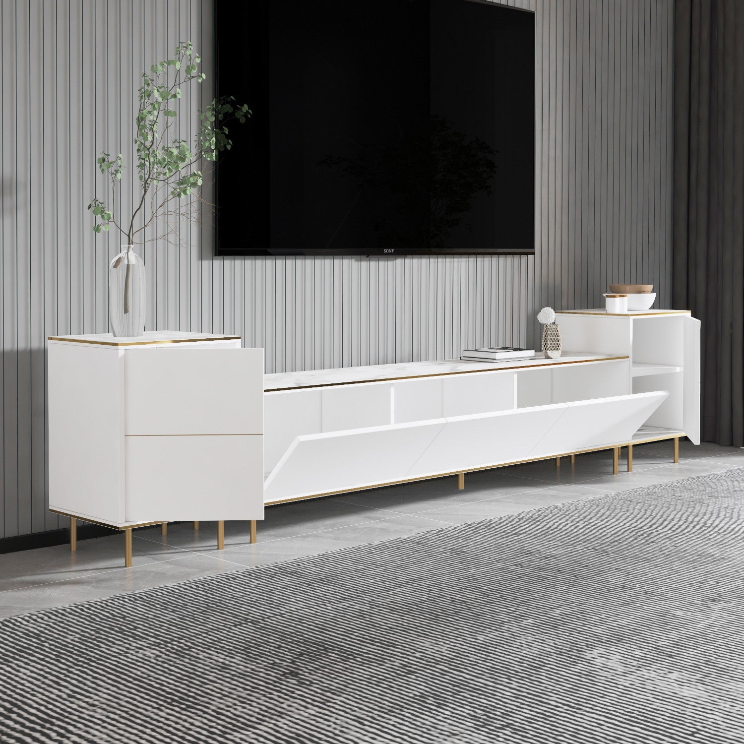 Móvel de TV elegante com opção de montagem na parede, mármore branco e dourado, 180 cm x 45,2 cm x 35 cm | 100% revestido em melamina, 18 mm de espessura | Solução de armazenamento elegante