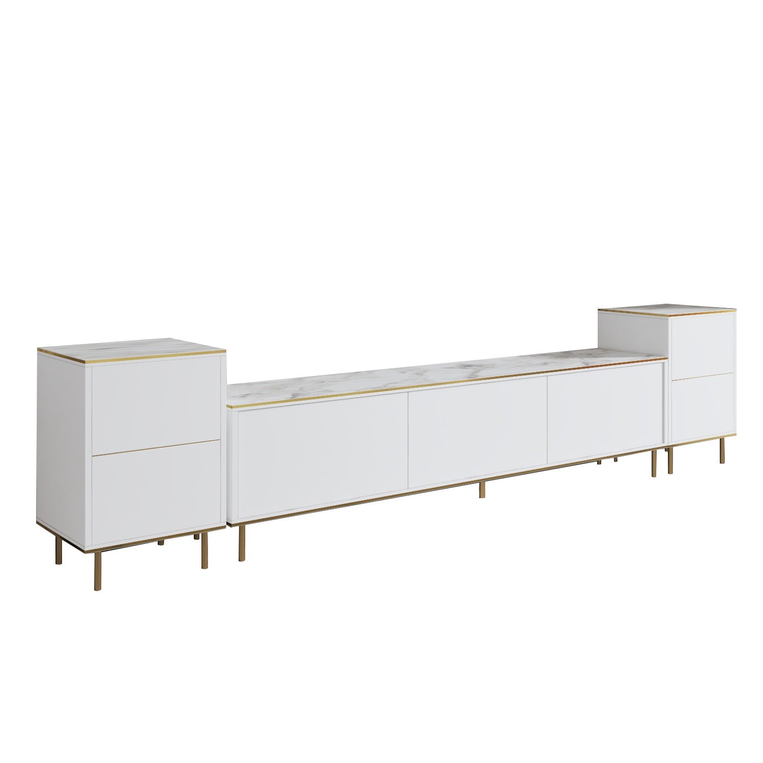 Móvel de TV elegante com opção de montagem na parede, mármore branco e dourado, 180 cm x 45,2 cm x 35 cm | 100% revestido em melamina, 18 mm de espessura | Solução de armazenamento elegante