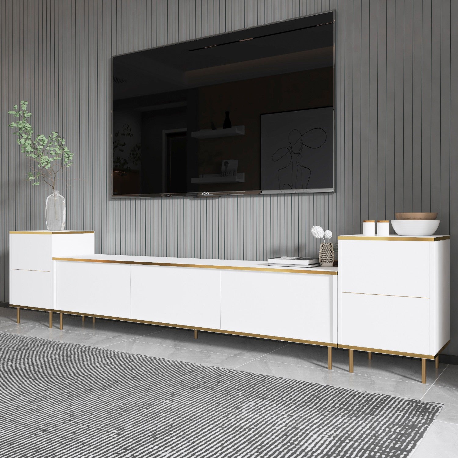 Móvel de TV elegante com opção de montagem na parede, branco e dourado, 180 cm x 45,2 cm x 35 cm | 100% revestido em melamina, 18 mm de espessura | Possui várias prateleiras