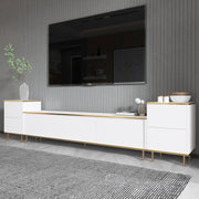 Móvel de TV elegante com opção de montagem na parede, branco e dourado, 180 cm x 45,2 cm x 35 cm | 100% revestido em melamina, 18 mm de espessura | Possui várias prateleiras