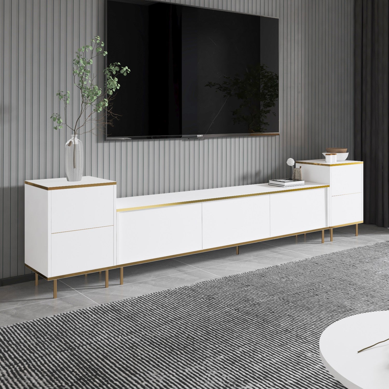 Móvel de TV elegante com opção de montagem na parede, branco e dourado, 180 cm x 45,2 cm x 35 cm | 100% revestido em melamina, 18 mm de espessura | Possui várias prateleiras