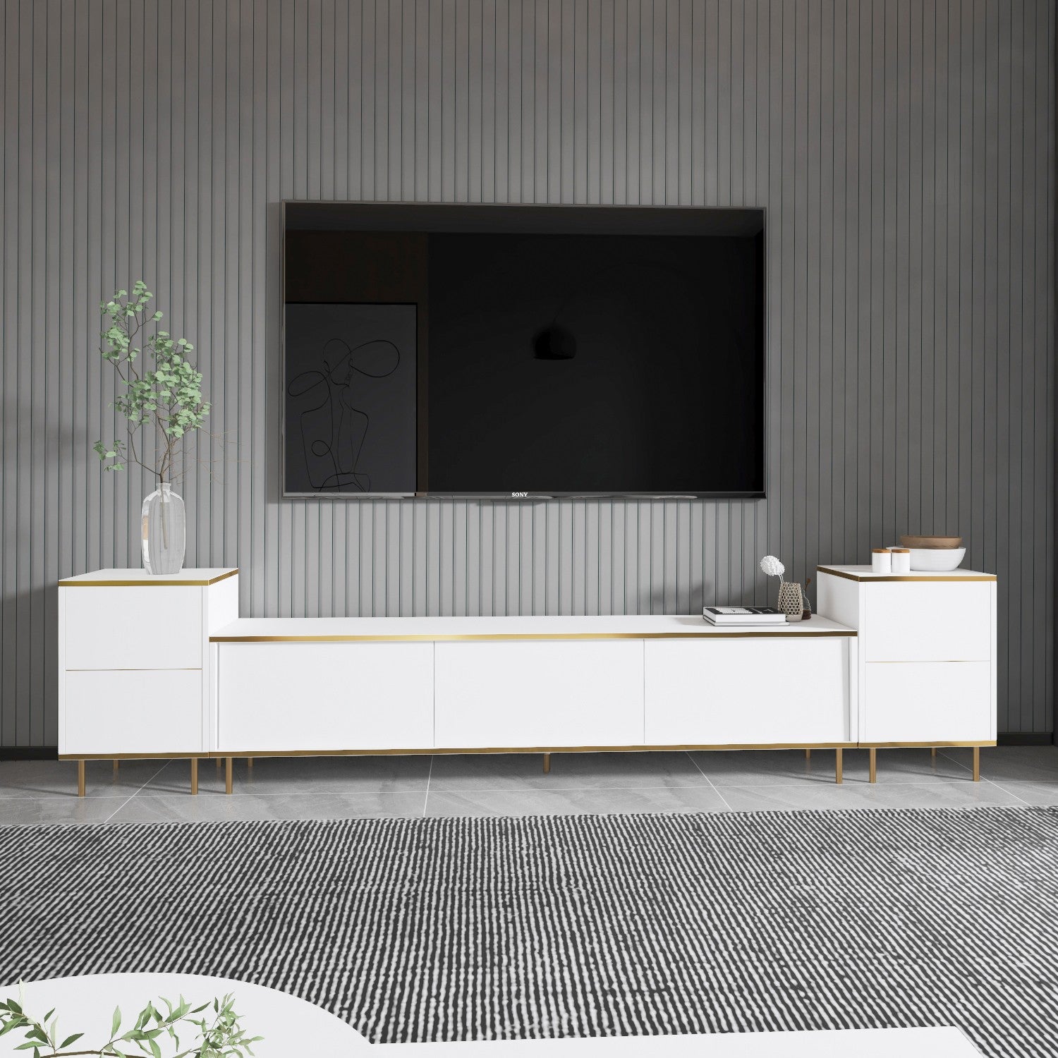 Móvel de TV elegante com opção de montagem na parede, branco e dourado, 180 cm x 45,2 cm x 35 cm | 100% revestido em melamina, 18 mm de espessura | Possui várias prateleiras
