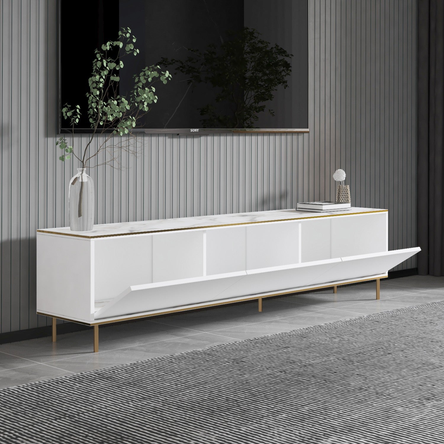 Móvel de TV – 180 cm x 45,2 cm x 35 cm – Mármore branco e dourado – Melamina