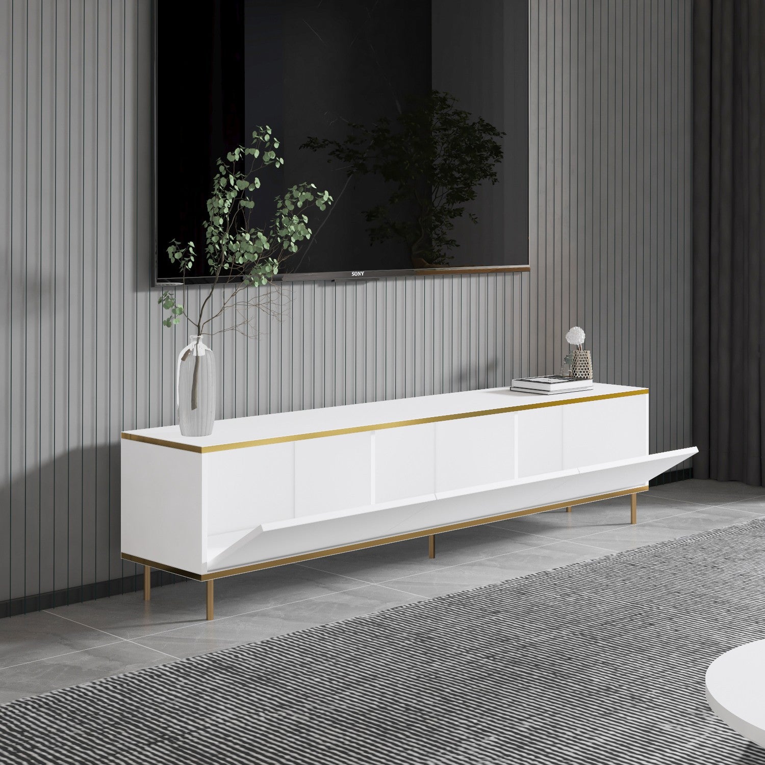 Móvel de TV elegante – 180 cm – Branco e dourado – Painel de partículas revestido em melamina