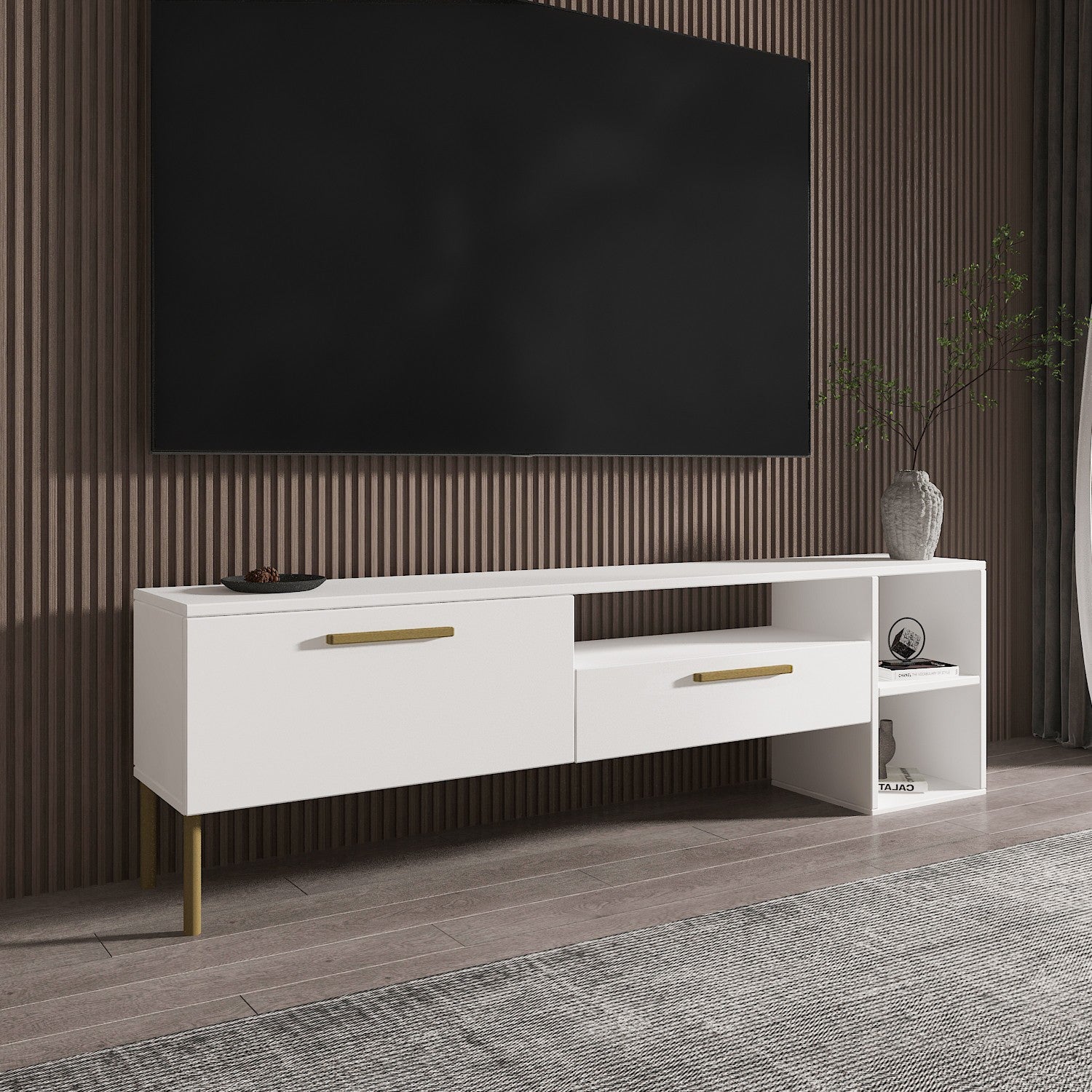 Móvel de TV – 150 cm x 47 cm x 35 cm – Branco e Dourado – Painel de Partículas Revestido a Melamina
