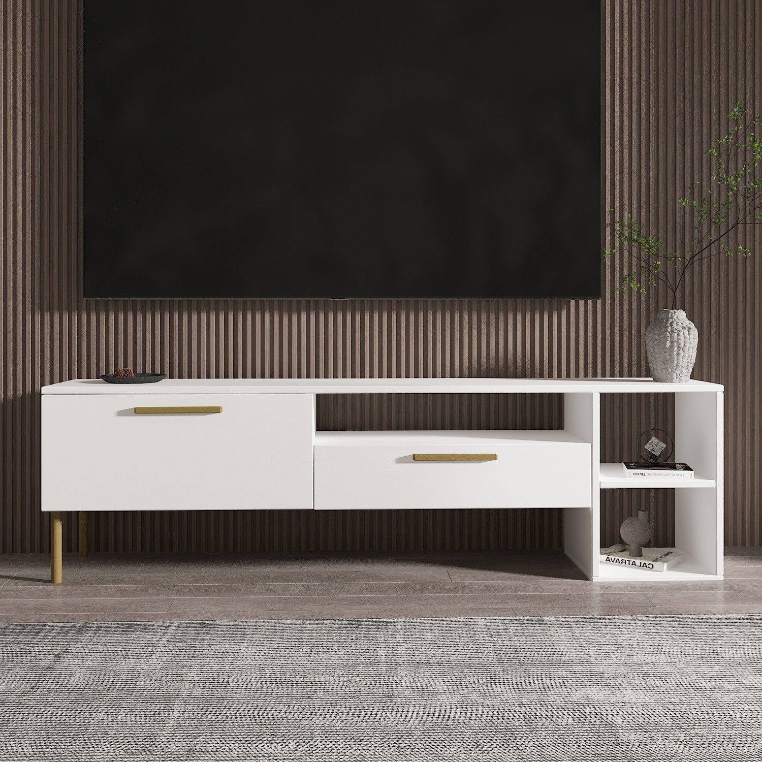 Móvel de TV – 150 cm x 47 cm x 35 cm – Branco e Dourado – Painel de Partículas Revestido a Melamina