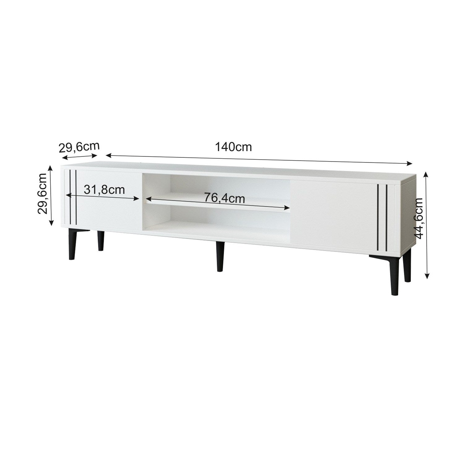 Móvel de TV – 140 cm x 44.6 cm x 29.6 cm – Branco – Painel de partículas revestido a melamina