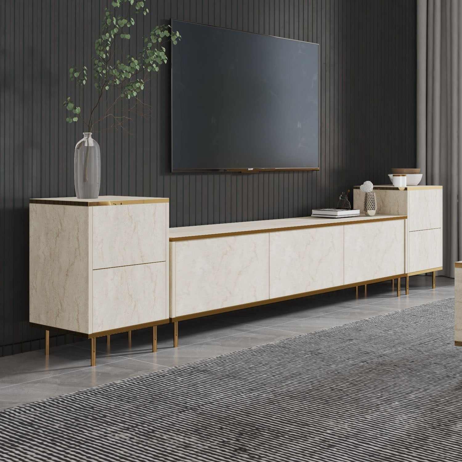 Móvel de TV elegante (2 peças), Travertino e dourado, 180 x 45,2 x 35 cm | Painel de partículas 100% revestido em melamina, 18 mm de espessura | Design de mármore elegante para salas de estar modernas
