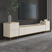 Móvel de TV elegante (2 peças), Travertino e dourado, 180 x 45,2 x 35 cm | Painel de partículas 100% revestido em melamina, 18 mm de espessura | Design de mármore elegante para salas de estar modernas