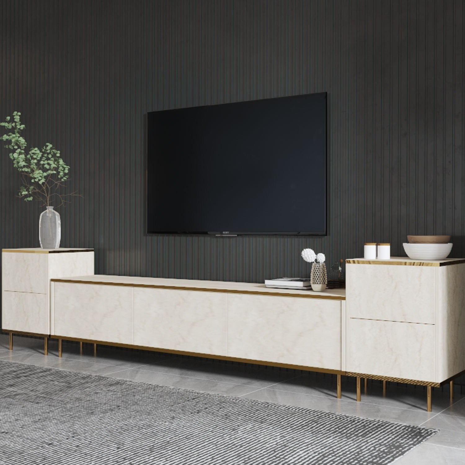Móvel de TV elegante (2 peças), Travertino e dourado, 180 x 45,2 x 35 cm | Painel de partículas 100% revestido em melamina, 18 mm de espessura | Design de mármore elegante para salas de estar modernas