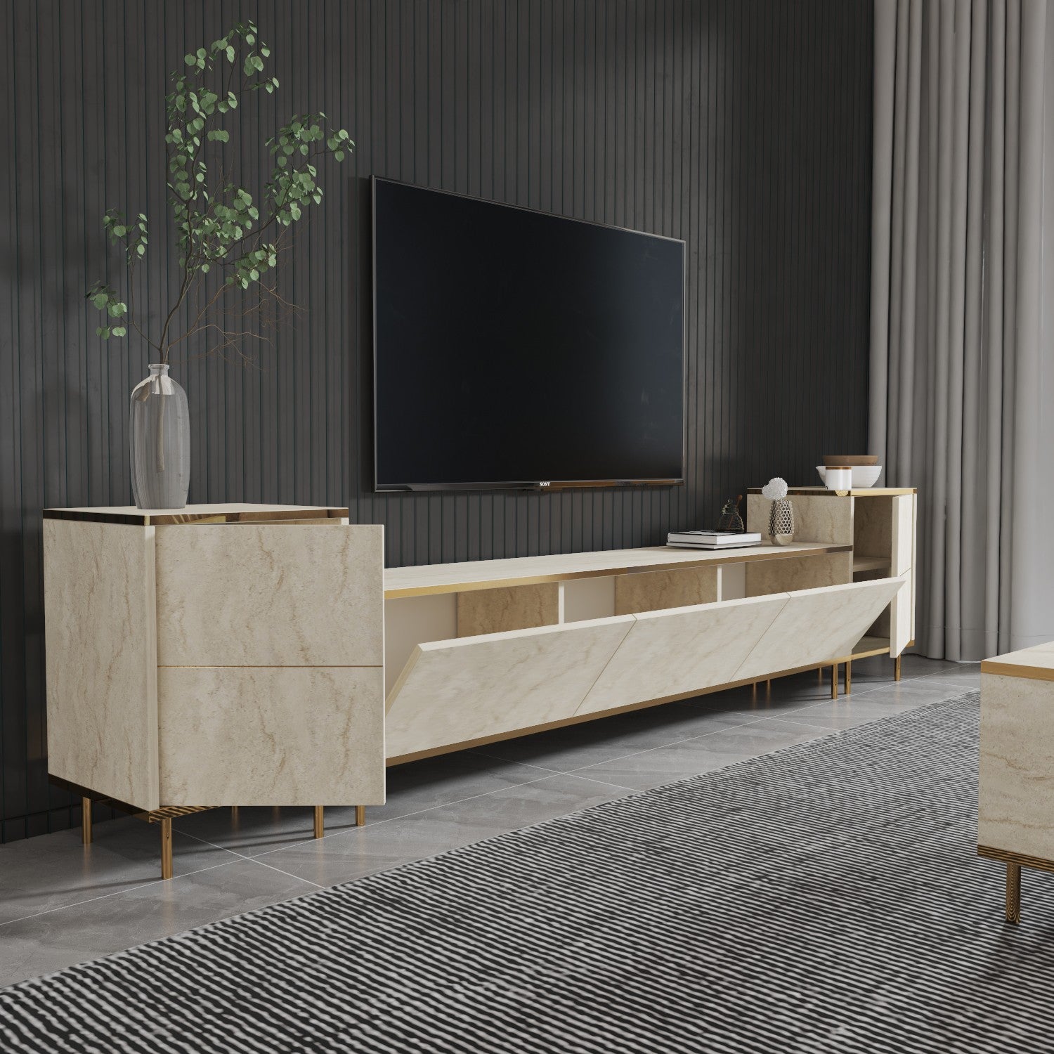 Móvel de TV elegante (2 peças), Travertino e dourado, 180 x 45,2 x 35 cm | Painel de partículas 100% revestido em melamina, 18 mm de espessura | Design de mármore elegante para salas de estar modernas