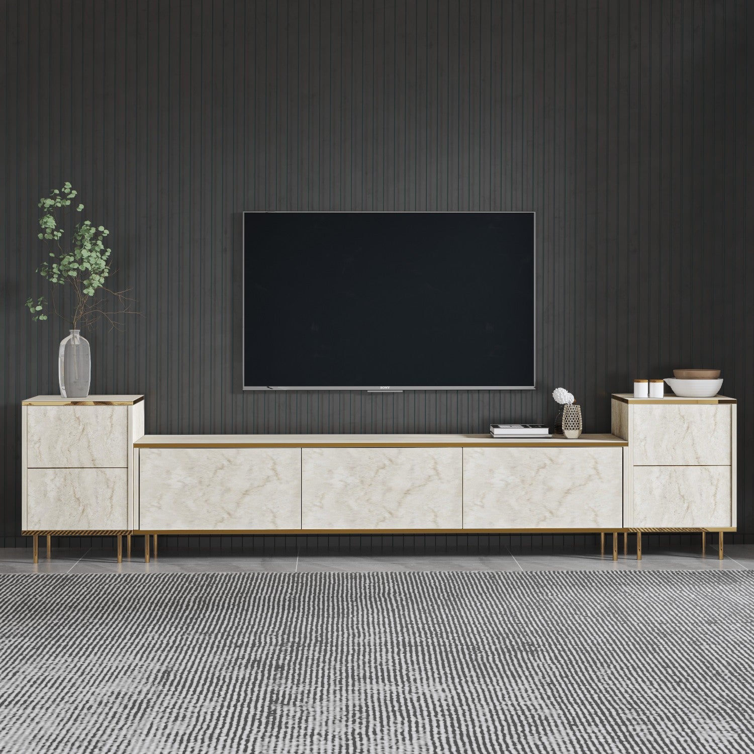 Móvel de TV elegante (2 peças), Travertino e dourado, 180 x 45,2 x 35 cm | Painel de partículas 100% revestido em melamina, 18 mm de espessura | Design de mármore elegante para salas de estar modernas