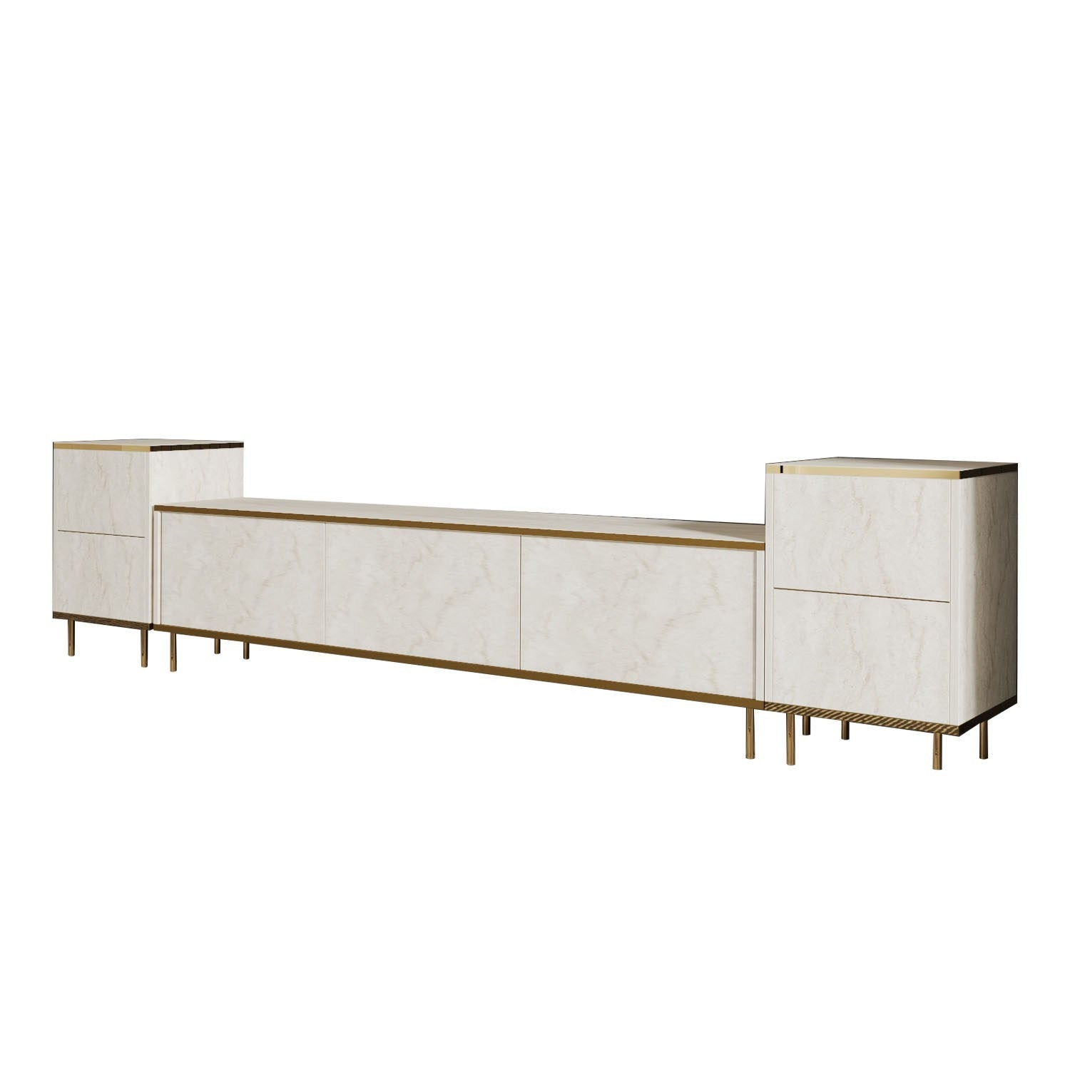 Móvel de TV elegante (2 peças), Travertino e dourado, 180 x 45,2 x 35 cm | Painel de partículas 100% revestido em melamina, 18 mm de espessura | Design de mármore elegante para salas de estar modernas