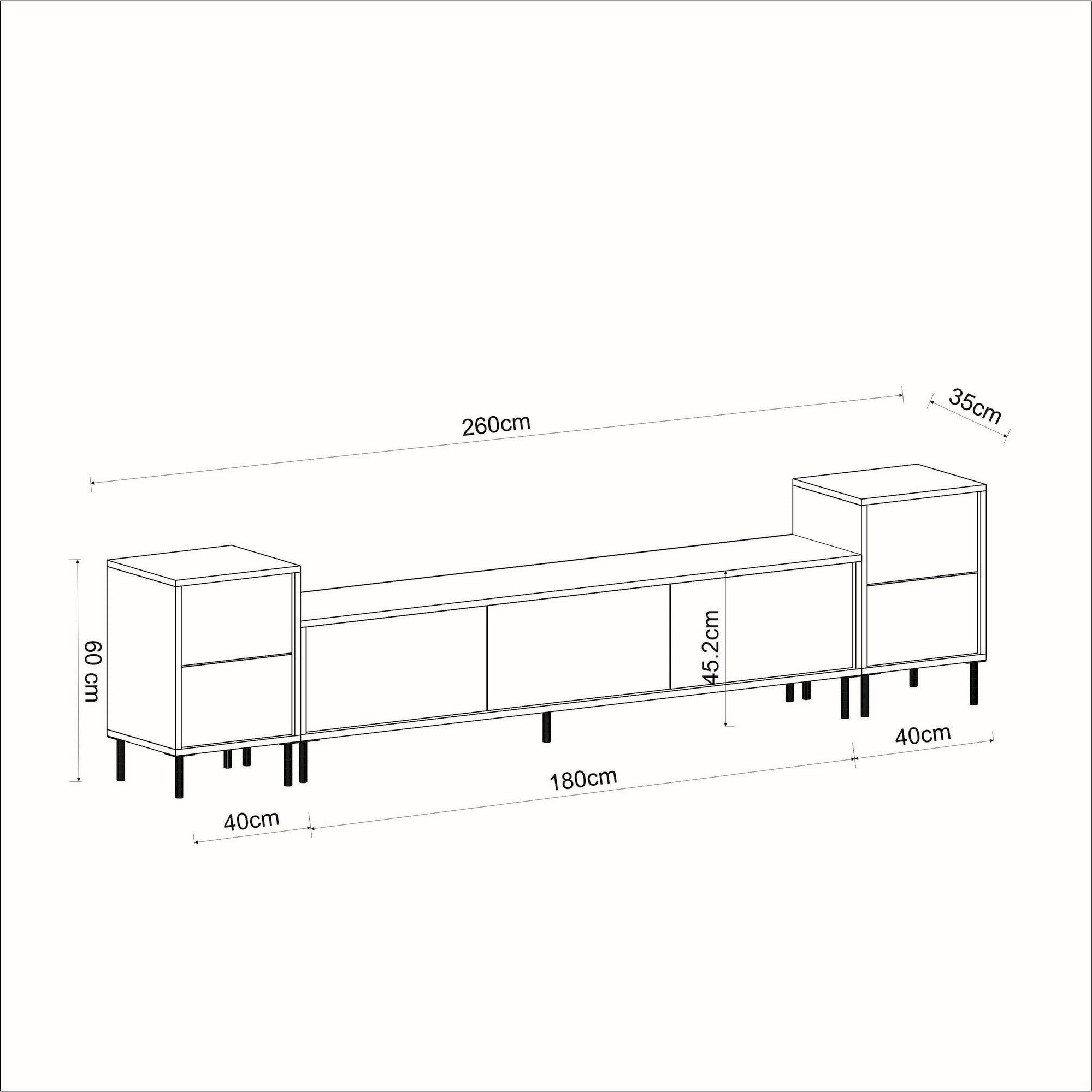 Móvel de TV elegante (2 peças), Travertino e dourado, 180 x 45,2 x 35 cm | Painel de partículas 100% revestido em melamina, 18 mm de espessura | Design de mármore elegante para salas de estar modernas