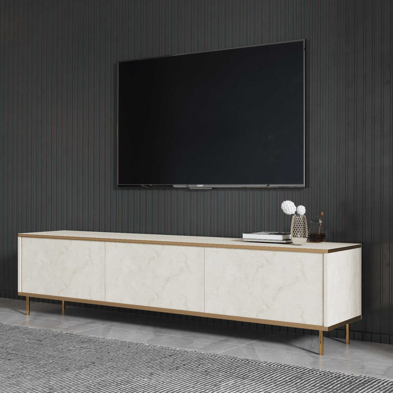 Móvel de TV – 180 cm – Travertino e Dourado – Melamina