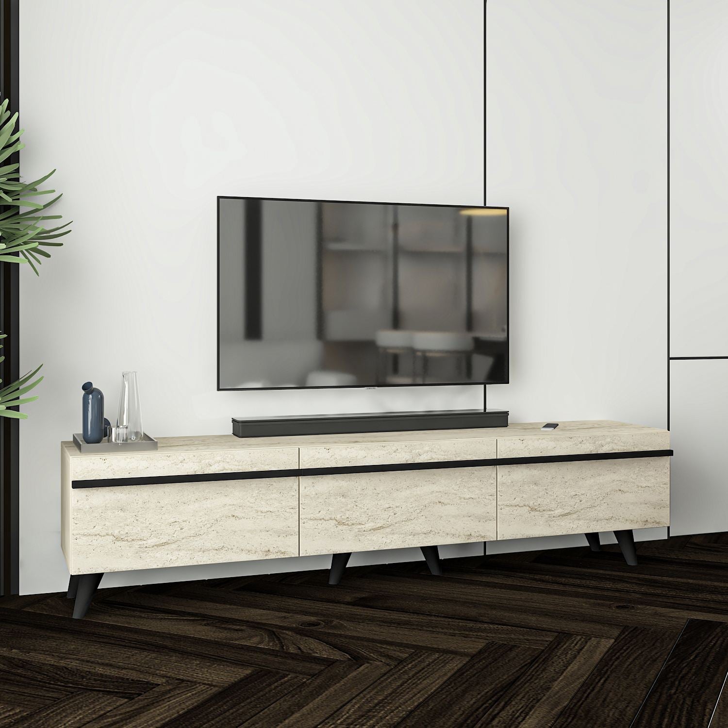 Móvel de TV – 180cm x 42cm x 35cm – Travertino e Preto – MDF revestido de melamina