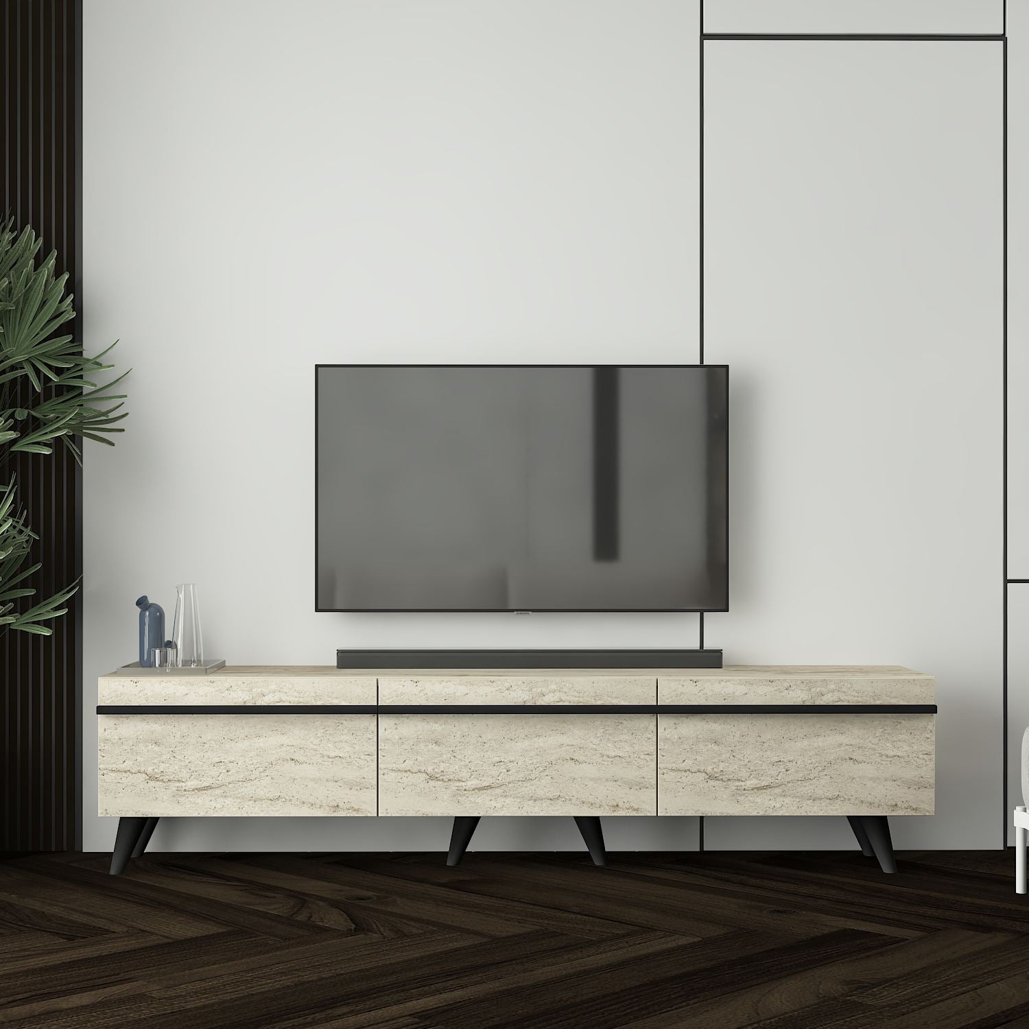 Móvel de TV – 180cm x 42cm x 35cm – Travertino e Preto – MDF revestido de melamina