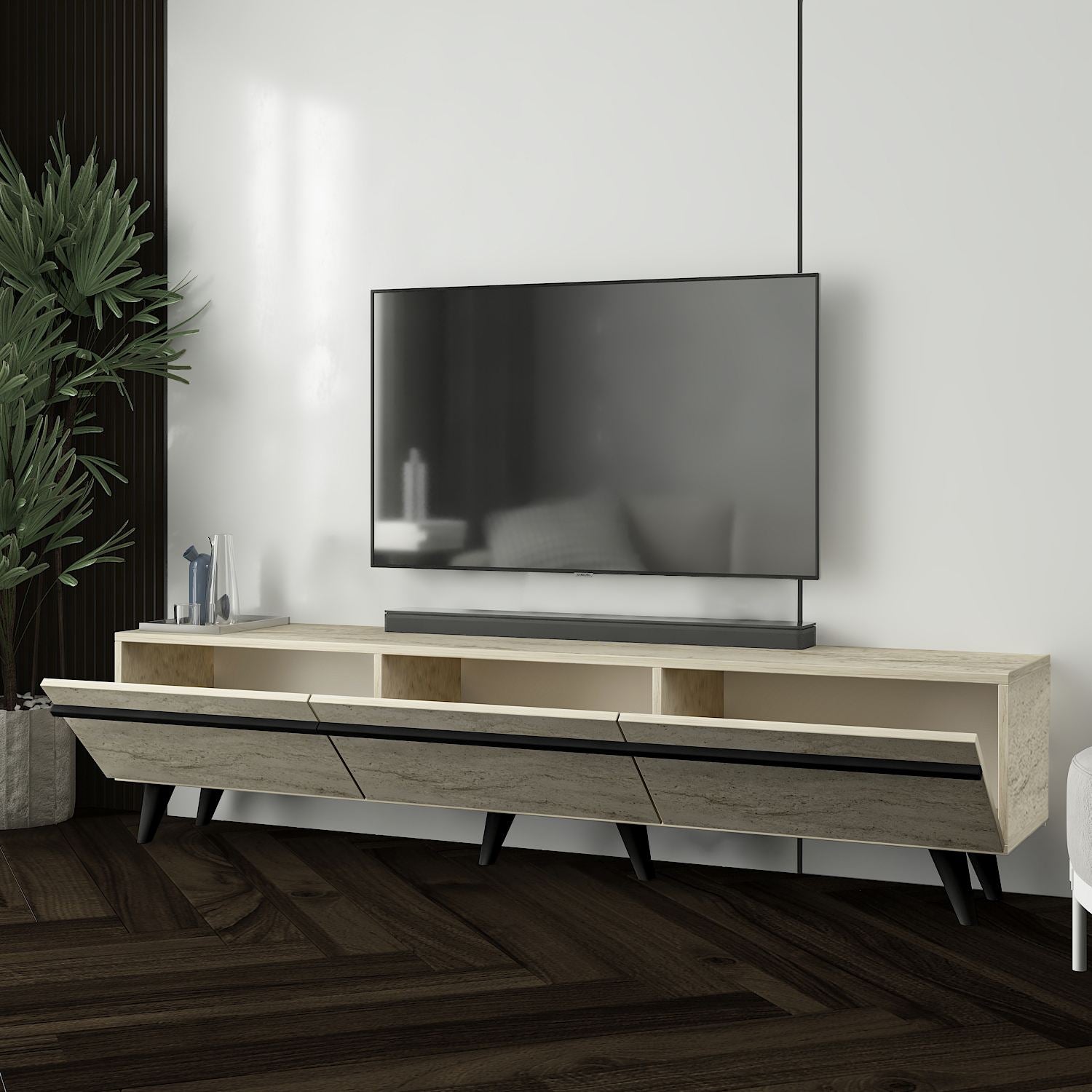 Móvel de TV – 180cm x 42cm x 35cm – Travertino e Preto – MDF revestido de melamina