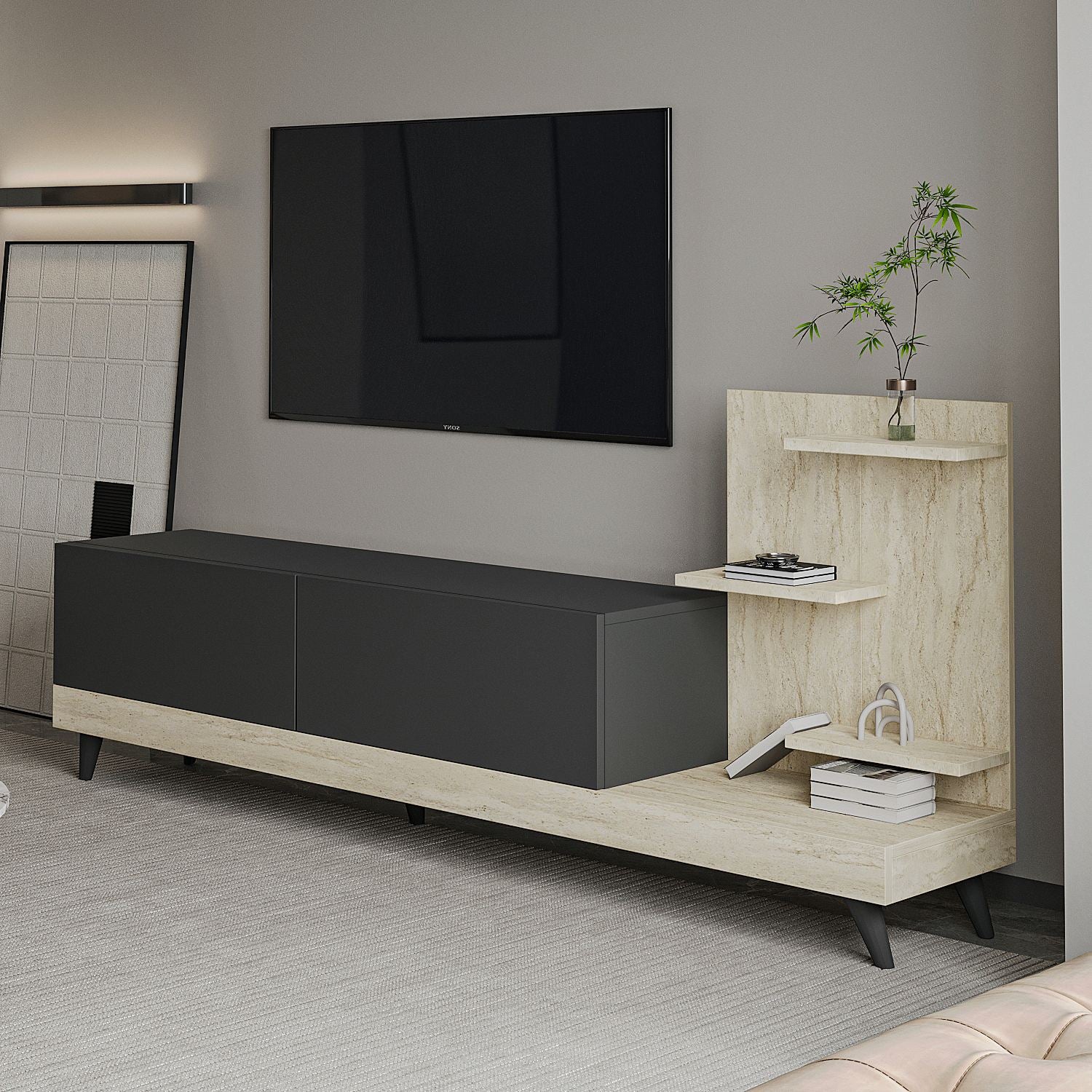 Móvel de TV – 180 cm x 82 cm – Antracite e Travertino – painel de partículas