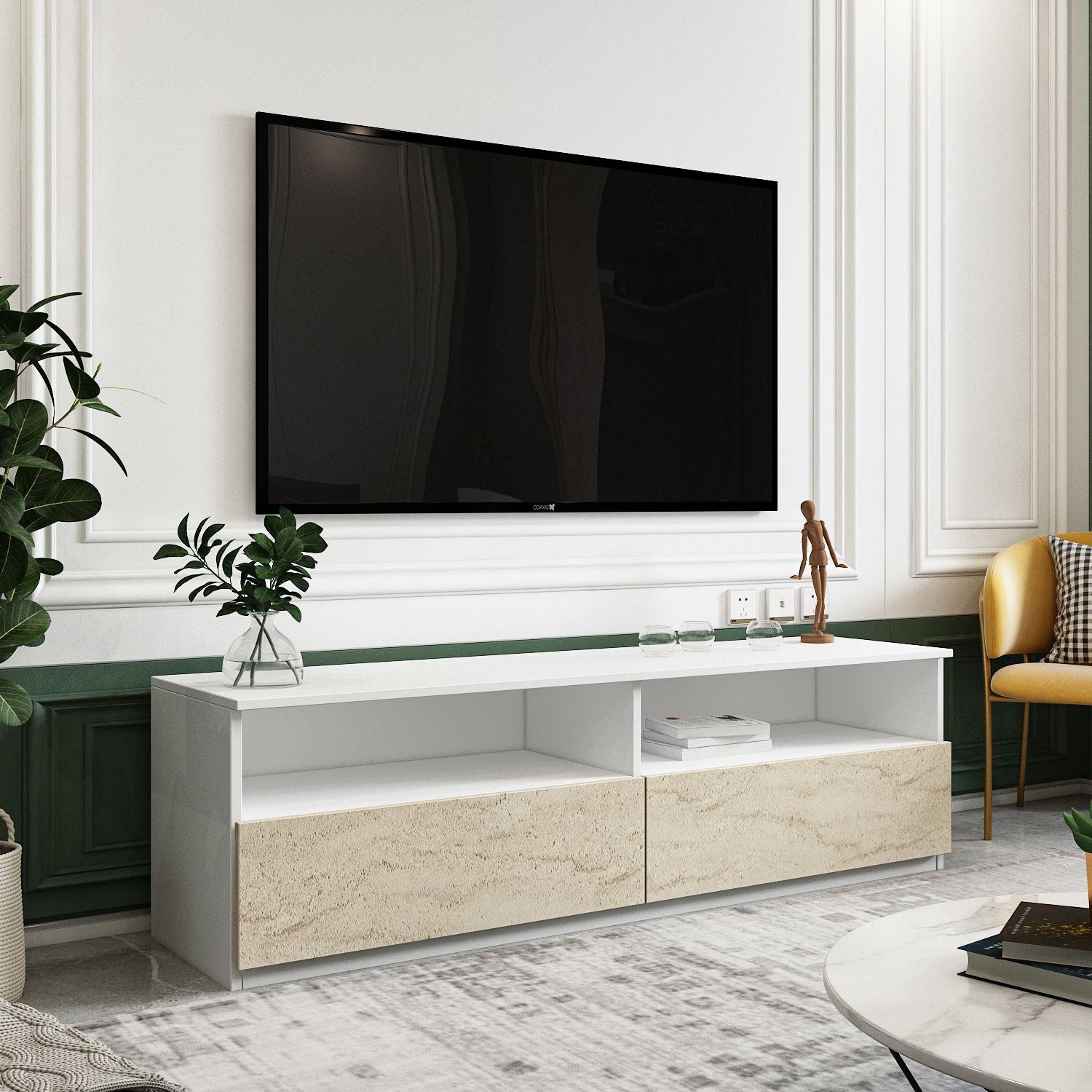 Móvel de TV – 144 cm x 49,8 cm – Branco e Travertino – MDF