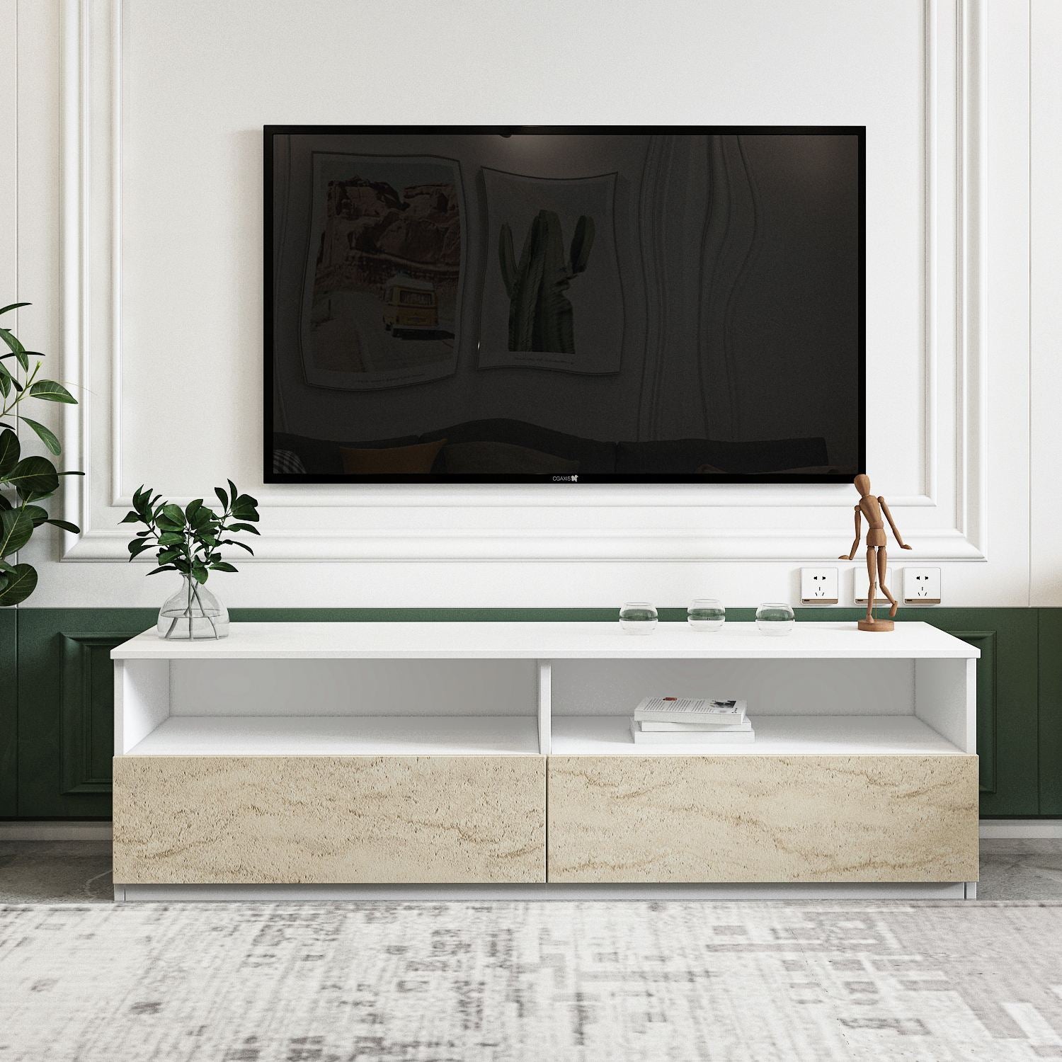 Móvel de TV – 144 cm x 49,8 cm – Branco e Travertino – MDF