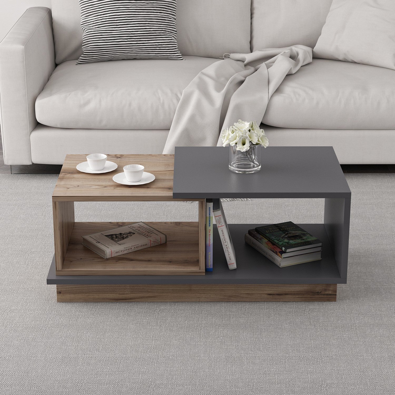 Mesa de Centro Moderna com Opção de Montagem na Parede, Antracite e Carvalho, 90 x 36 x 45 cm | Revestimento 100% Melamina, 18 mm de Espessura, Prateleiras Elegantes para Qualquer Espaço