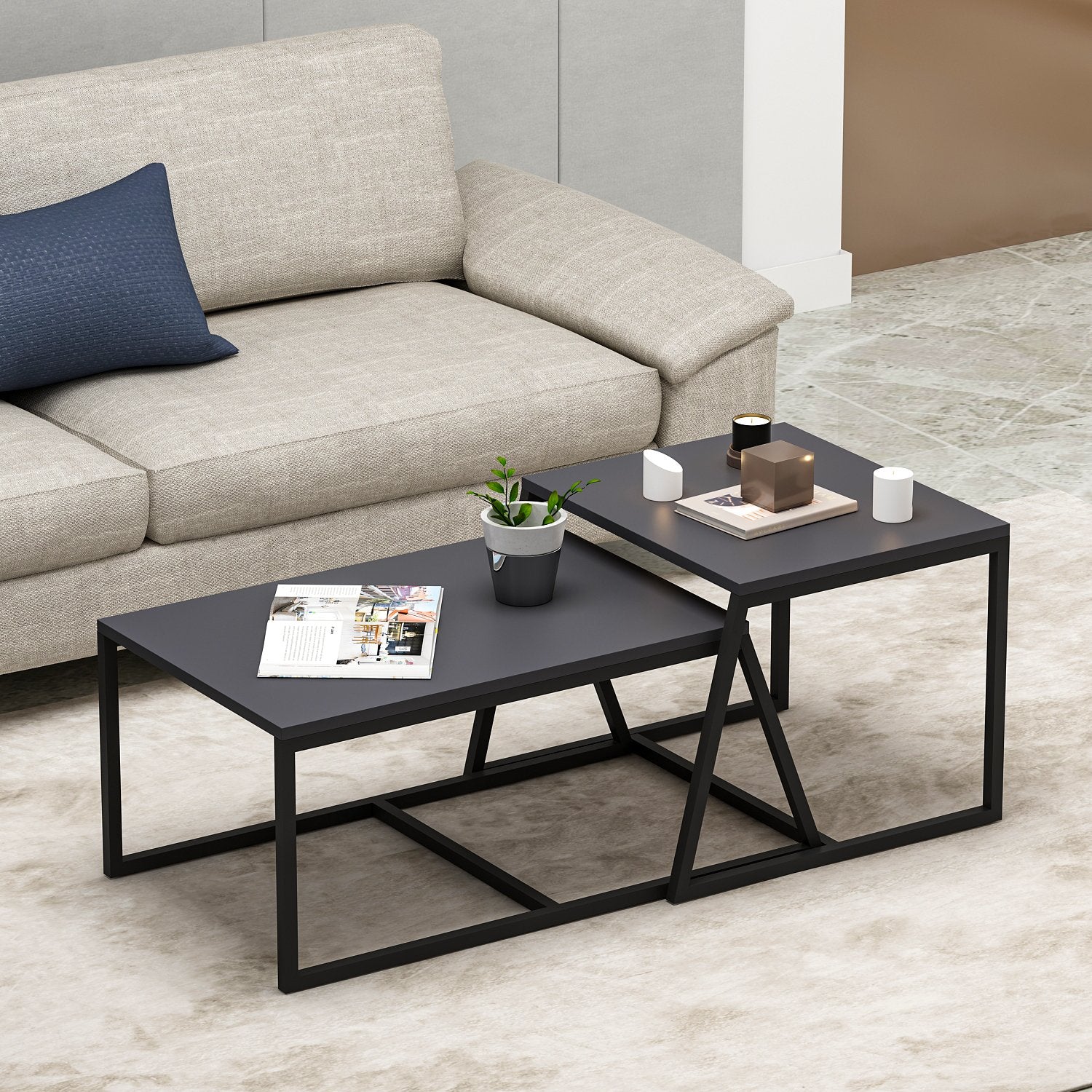 Mesa de Centro Moderna em Antracite, 100% Aglomerado Revestido em Melamina, 18mm de Espessura | Grande: 75x38x50cm, Pequena: 55x45x57cm | Montável na Parede, Design Elegante e Funcional
