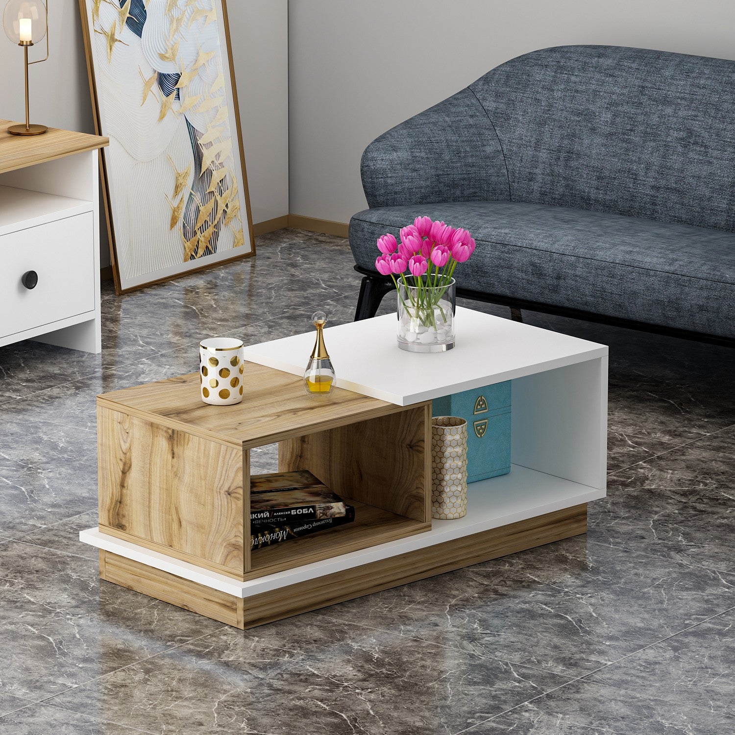 Mesa de Centro Moderna com Opção de Montagem na Parede, Branca e Carvalho, 90 x 36 x 45 cm | 100% Revestimento em Melamina, 18 mm de Espessura | Design Elegante com Várias Prateleiras