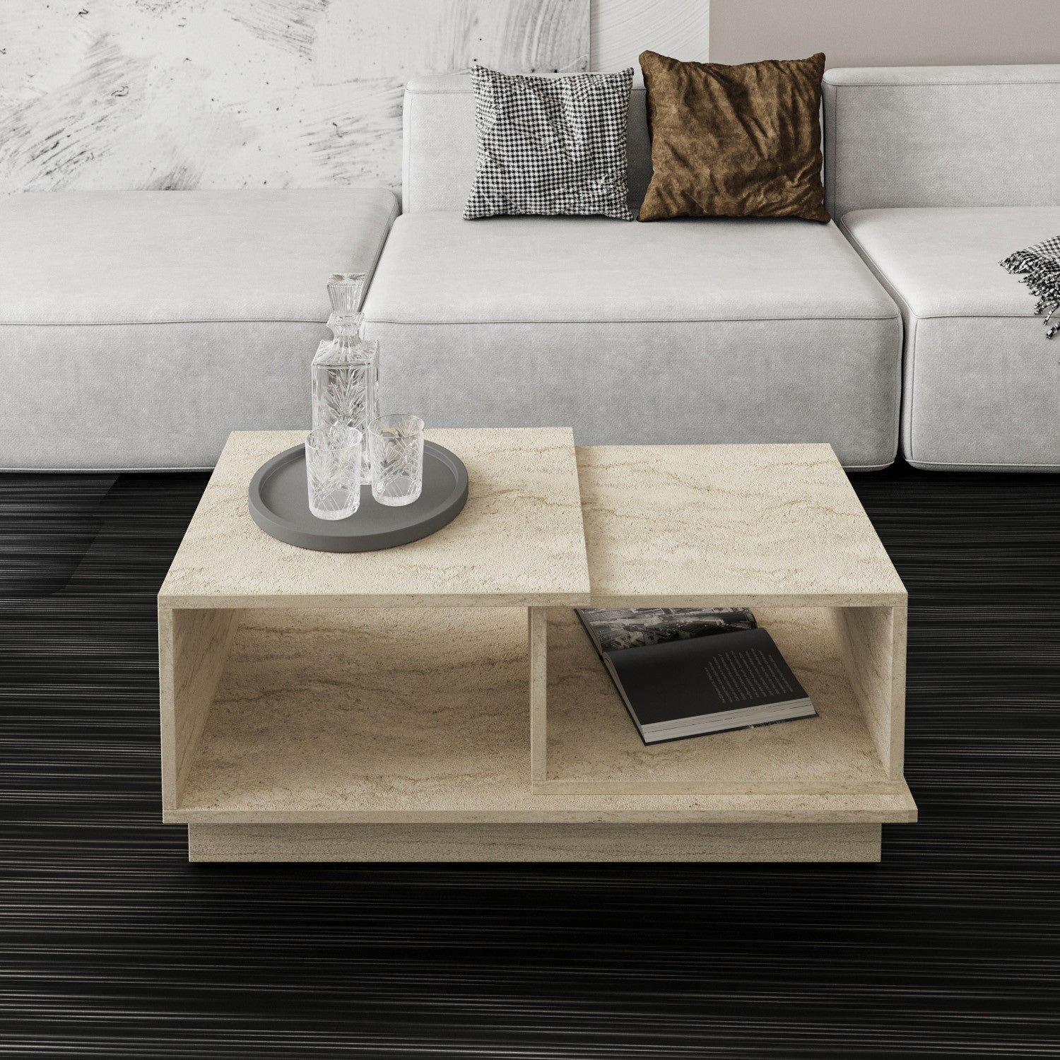Mesa de Centro Elegante com Várias Prateleiras, Cor Travertino, 90 x 36 x 45 cm | Painel de Partículas 100% Revestido com Melamina, 18 mm de Espessura | Solução de Armazenamento Elegante para Espaços de Vida Modernos