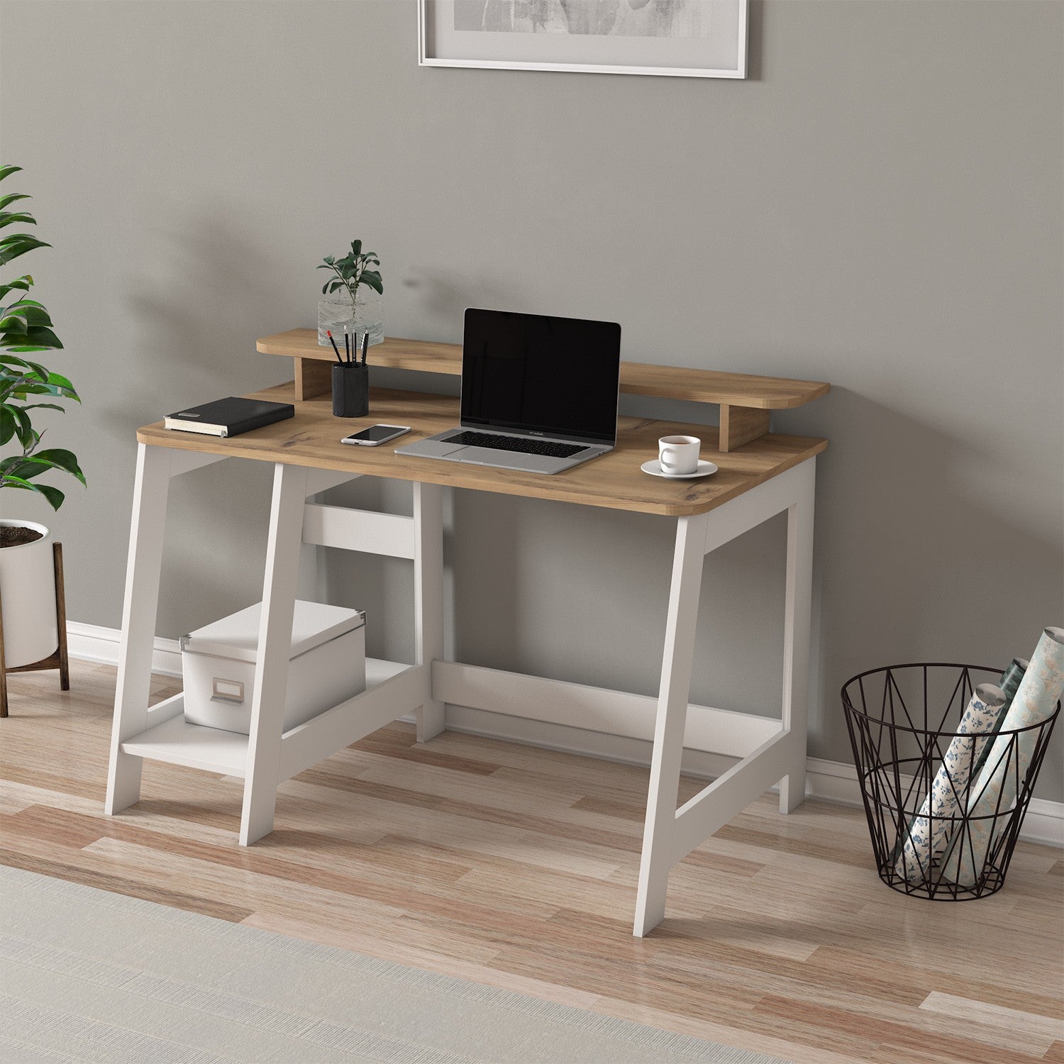 Secretária de Estudo – 120 cm x 73 cm x 60 cm – Branco e Carvalho – Melamina