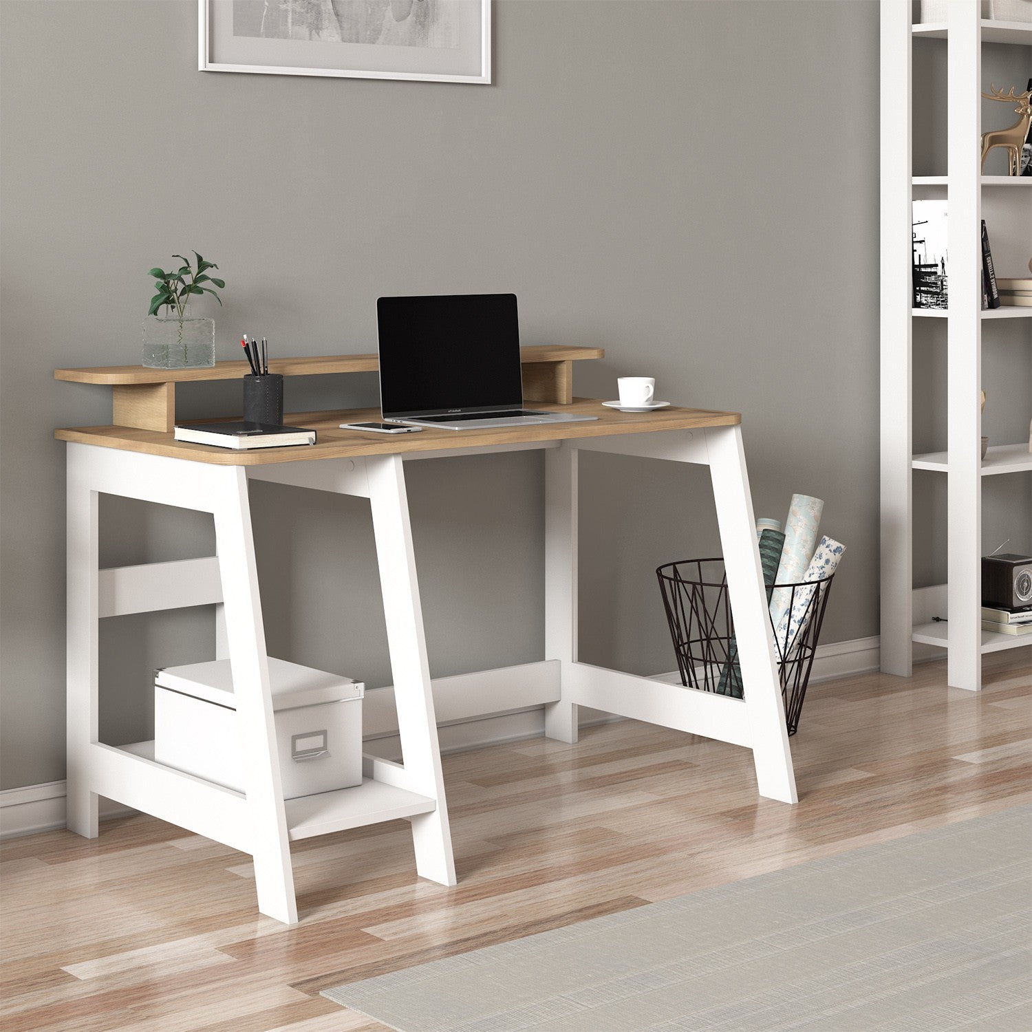 Secretária de Estudo – 120 cm x 73 cm x 60 cm – Branco e Carvalho – Melamina