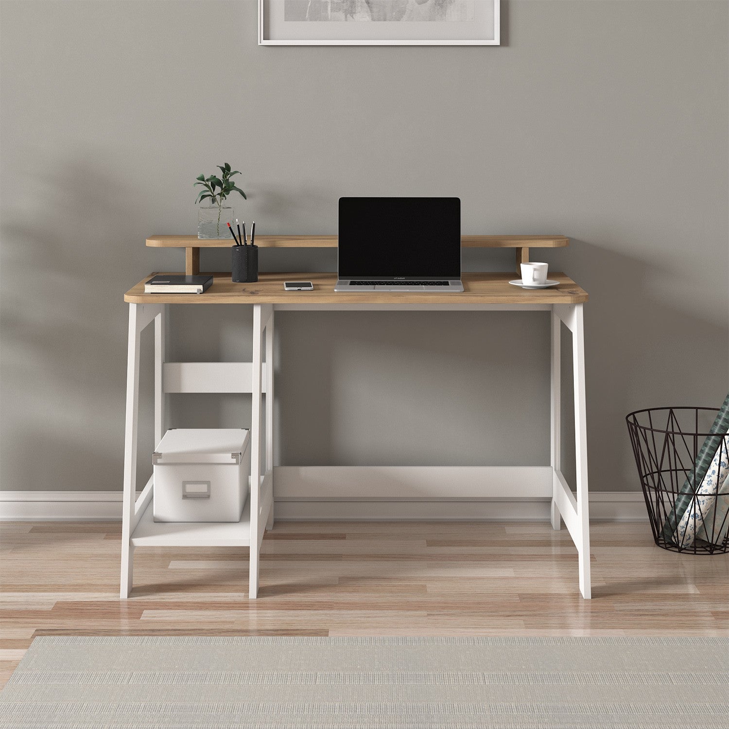 Secretária de Estudo – 120 cm x 73 cm x 60 cm – Branco e Carvalho – Melamina